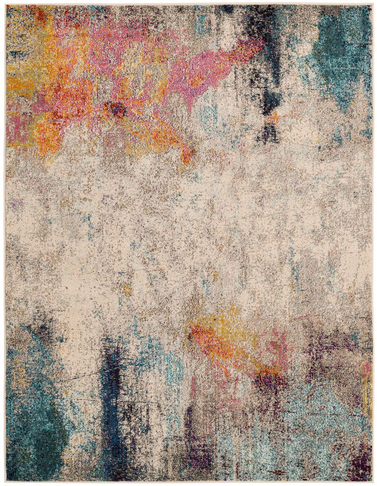 A 5x8 rectangular Theia rug featuring an abstract, modern design with splashes of teal, orange, and pink on a cream and brown background.