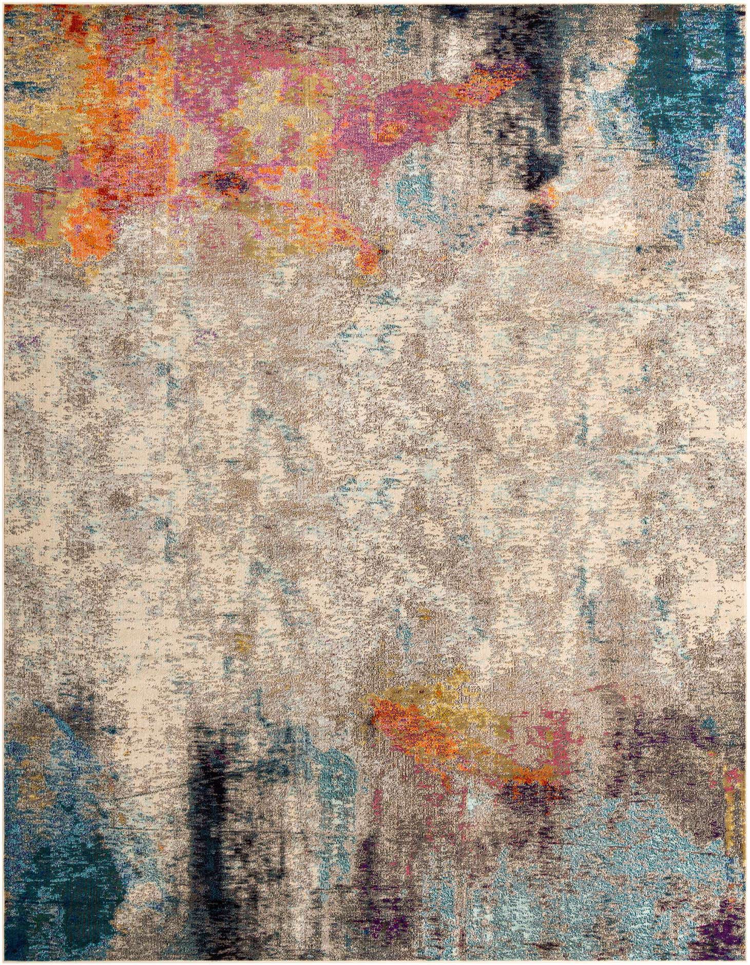 A 10x13 rectangular Theia collection rug featuring an abstract, modern design with a blend of browns, tans, and creams, accented by vibrant splashes of orange, pink, and blue.