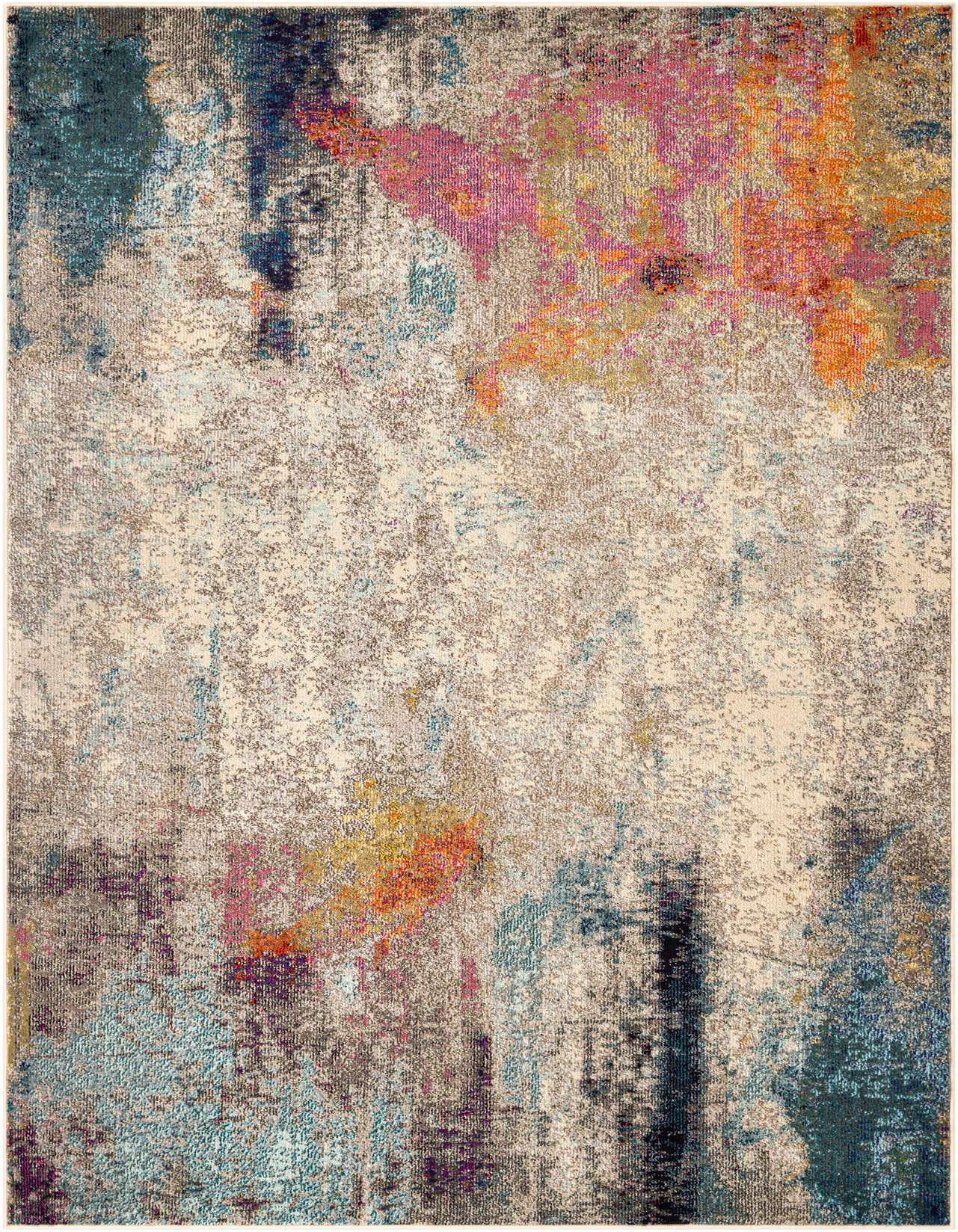 A 6x9 rectangular Rugs.com Theia rug with an abstract pattern in browns, tans, ivories, creams, and pops of teal, orange, and pink.