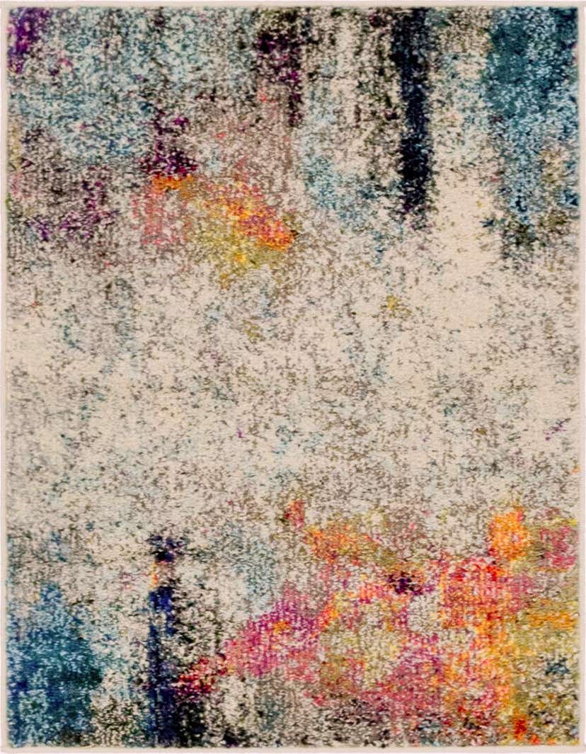 A 2x3 rectangular modern abstract rug with a cream base and splashes of brown, tan, blue, orange, and purple.