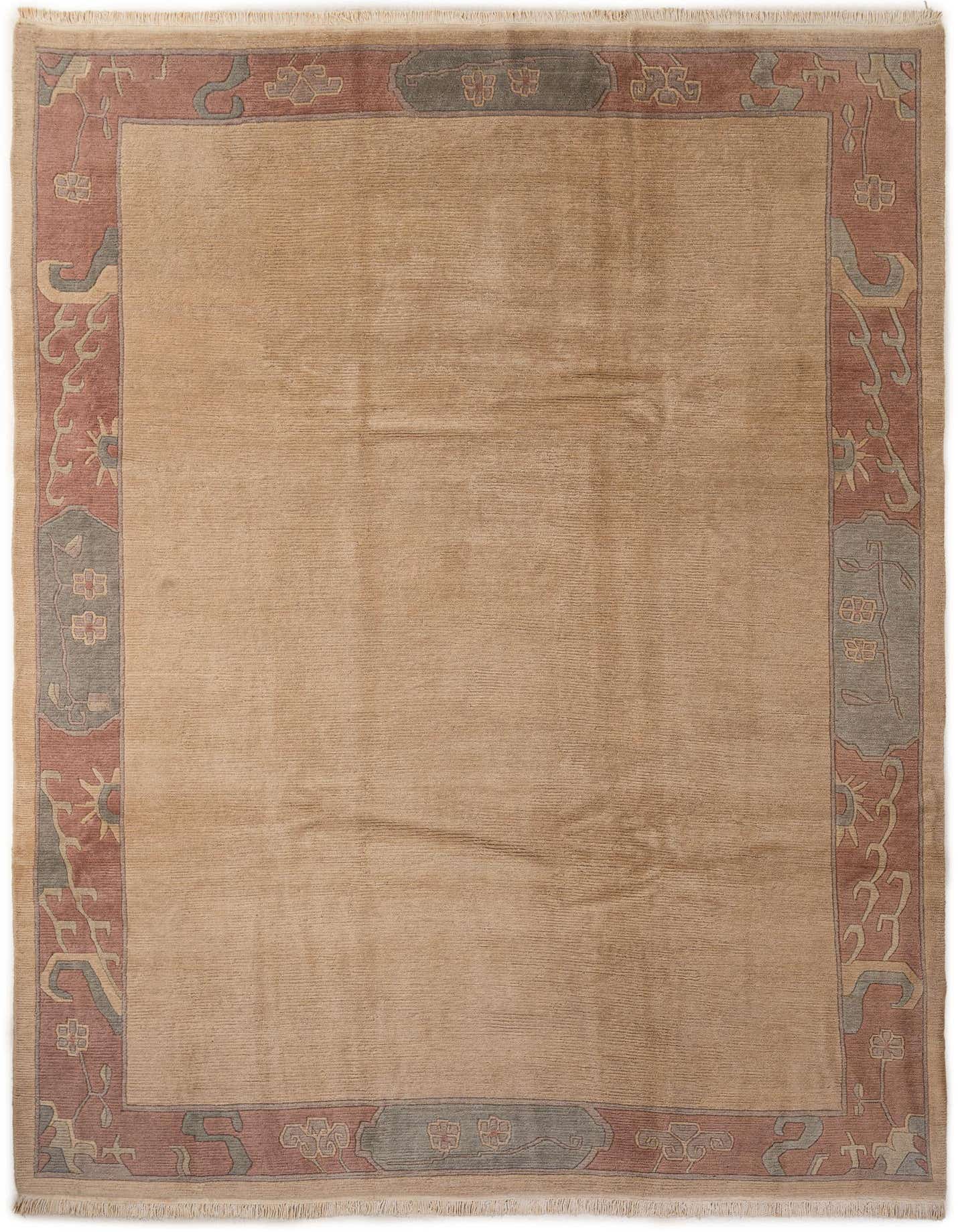 An 8x11 rectangular brown wool area rug with a medium pile, featuring an oriental-inspired border in muted reds and grays, suitable for a living room.