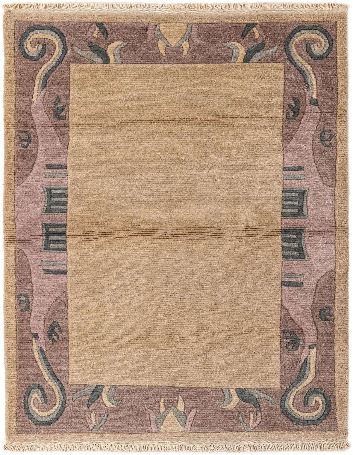 A 3x5 rectangular wool rug with a tan center and a brown border featuring modern oriental motifs in cream, light pink, and grey.