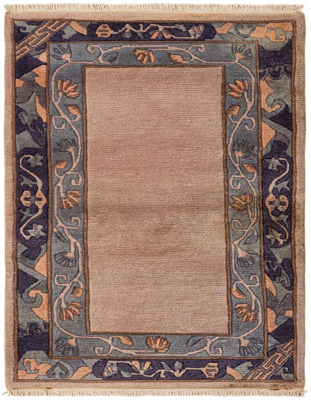 A 3x5 rectangular brown and ivory wool rug with a detailed Oriental border pattern in blue, purple, and orange.