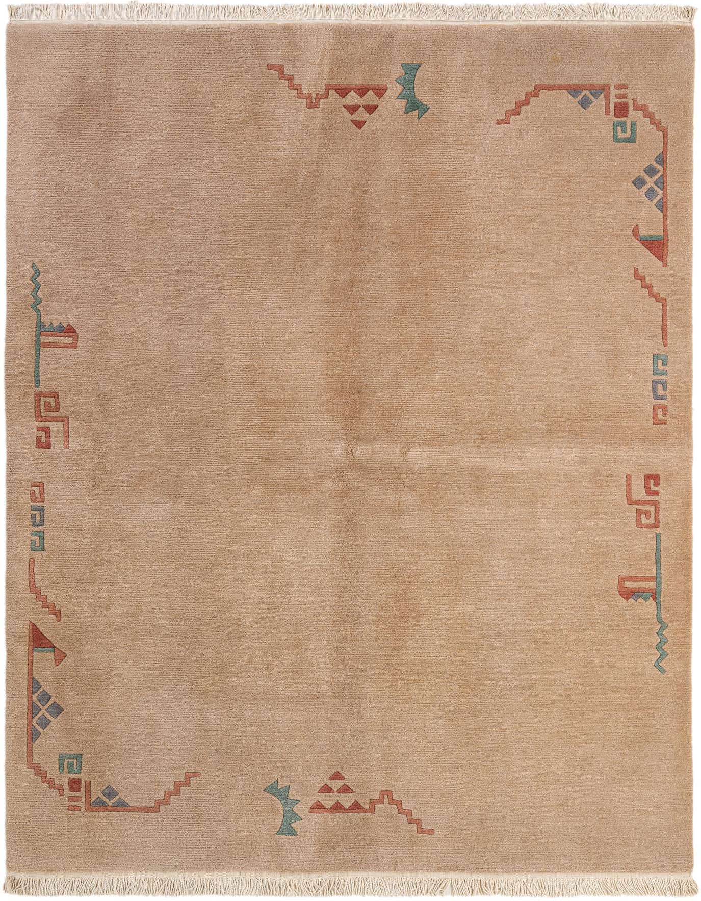 A 5x8 rectangular brown wool rug with a subtle modern abstract border in muted teal and rust tones, featuring geometric shapes and lines.