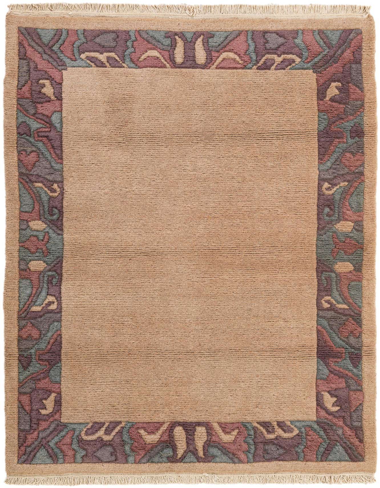 A 4x6 rectangular brown wool rug with a modern oriental border pattern in muted purples, blues, and reds.