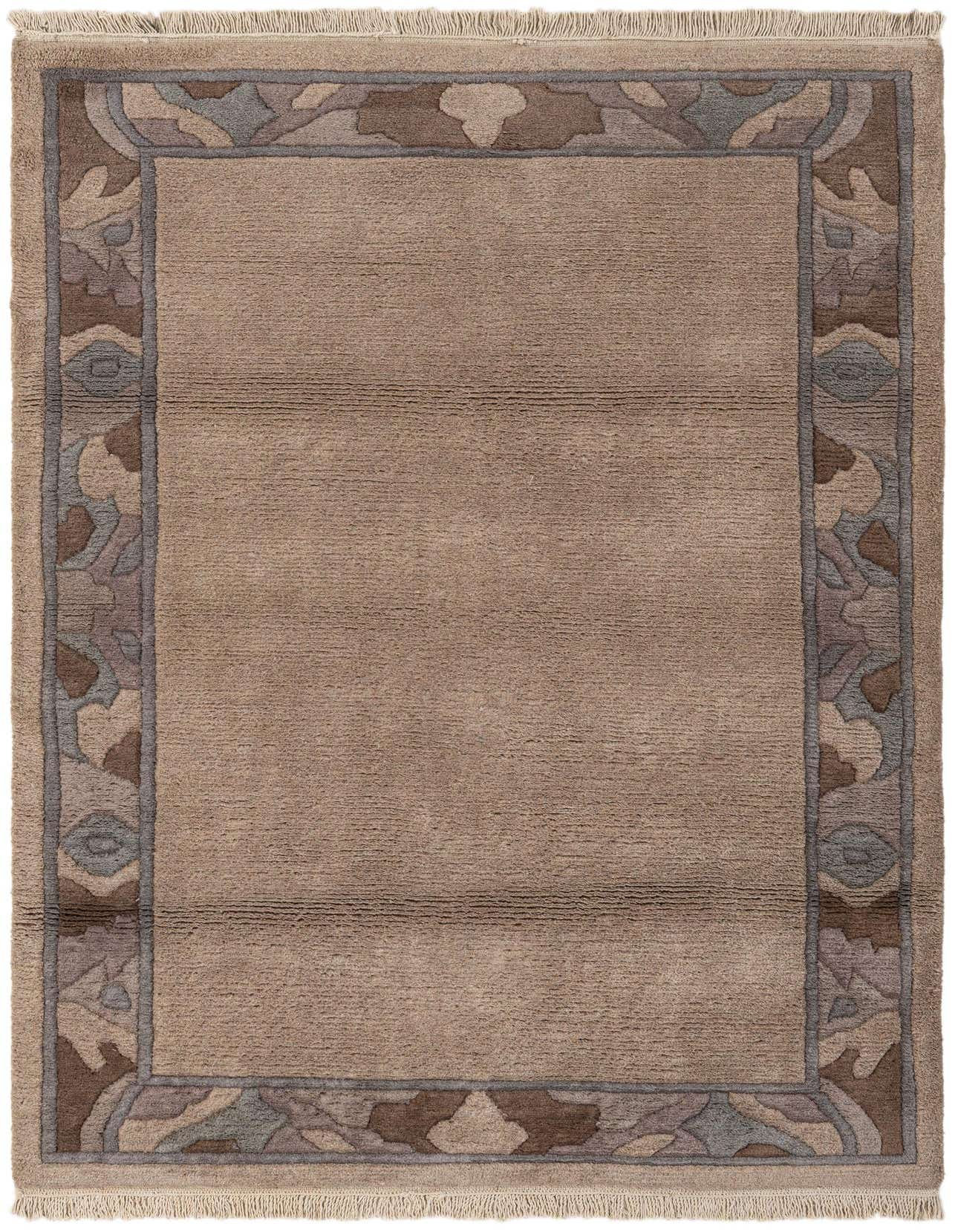 A rectangular 4x6 brown wool area rug with a modern oriental border in shades of brown, tan, and cream.