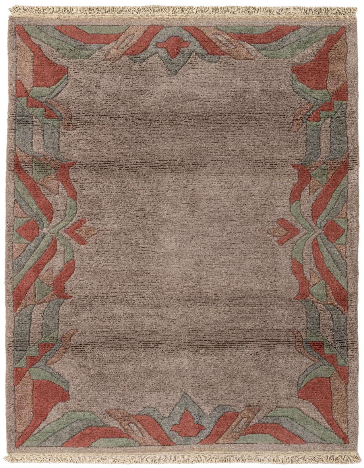 A 4x6 rectangular brown wool rug with a modern oriental border pattern in muted red, green, and tan, featuring a medium pile and fringe.
