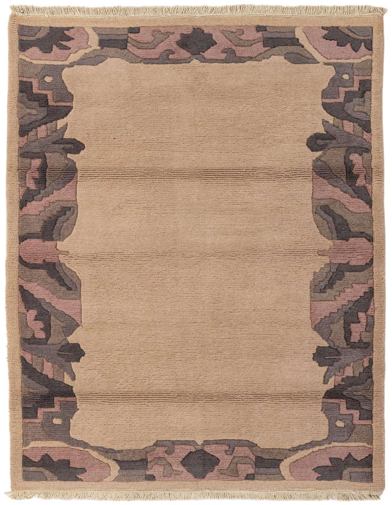 A 4x6 rectangular brown wool rug with a modern abstract border in shades of brown, pink, and grey.