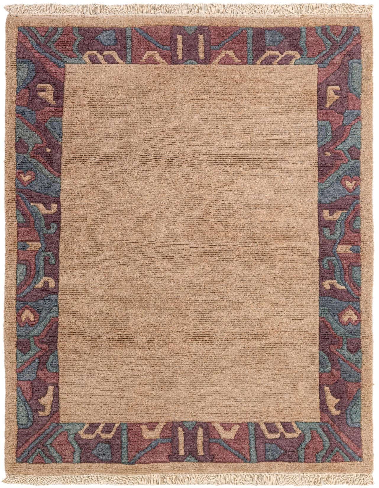A 4x6 rectangular wool rug with a tan field and a border featuring abstract patterns in burgundy, blue, and teal.