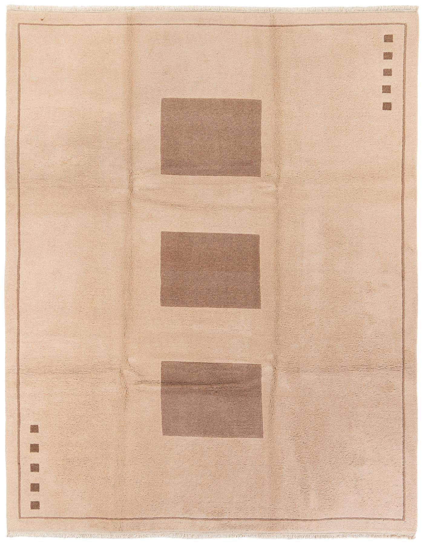 A rectangular 8x11 modern wool rug in shades of brown and tan, featuring a central column of three large brown rectangles and small brown squares along the borders.