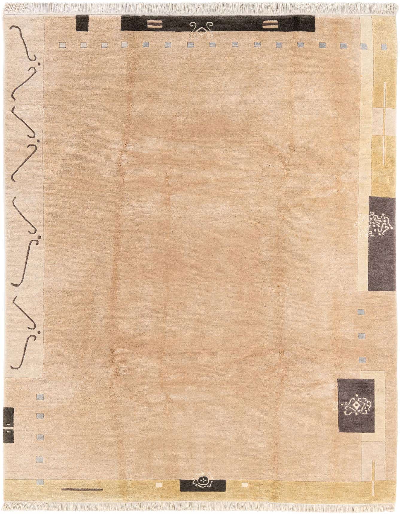 7x10 rectangular Rugs.com Tibet wool rug featuring a tan field with modern abstract patterns in brown, cream, and black.