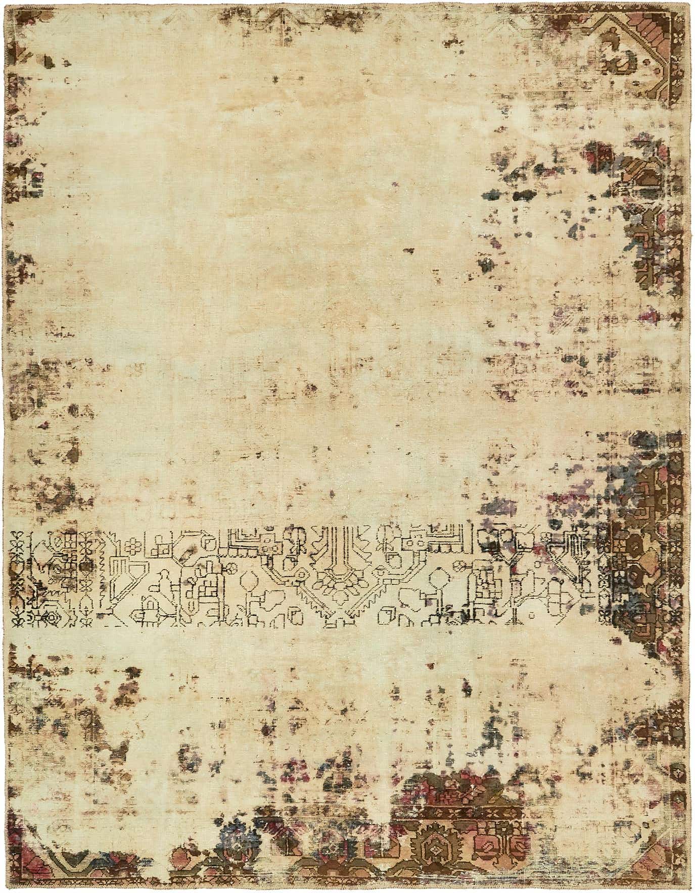 A 7x10 rectangular Ultra Vintage wool rug with a distressed ivory and brown abstract Persian pattern, suitable for a living room.