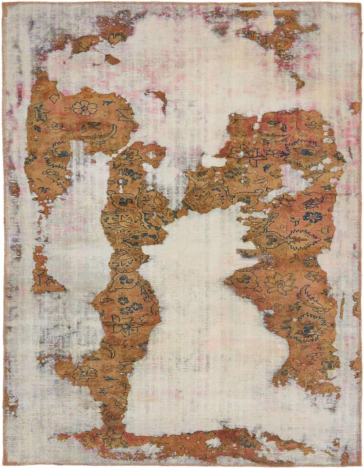 A 4x6 rectangular brown and ivory distressed Persian wool rug with abstract patterns, suitable for a living room.