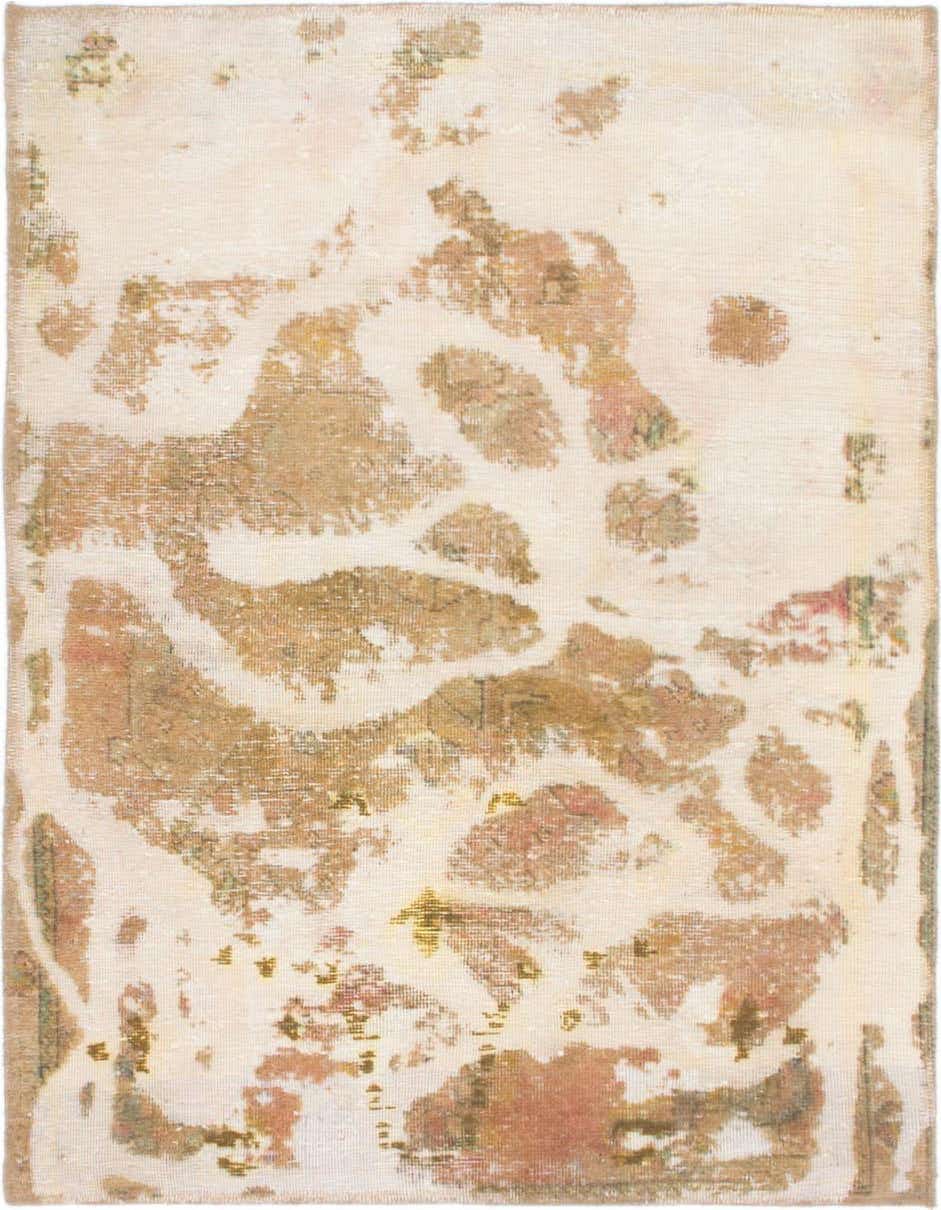 A 3x4 rectangular wool rug with an abstract, distressed pattern in shades of brown, tan, and cream.