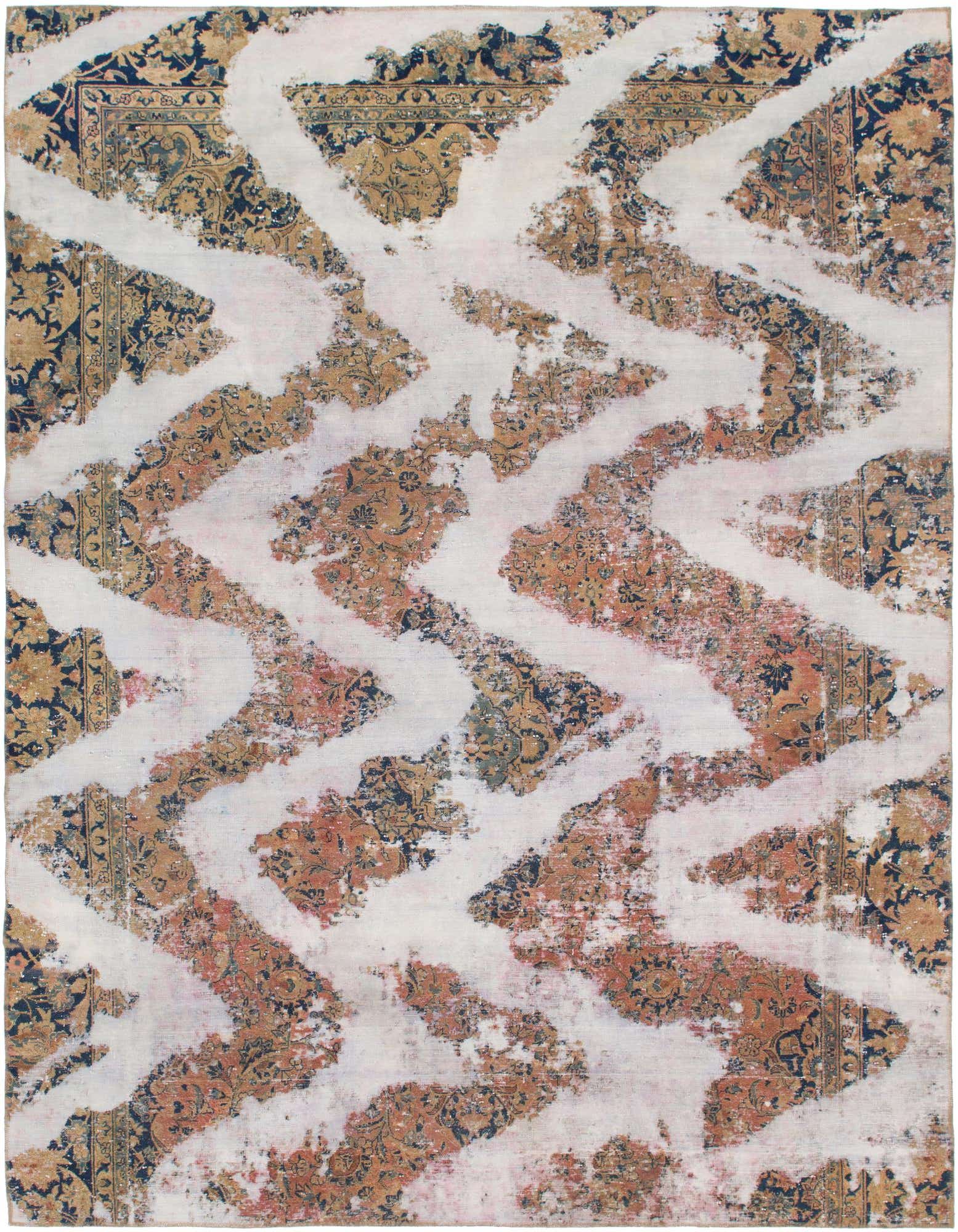 A 9x11 rectangular indoor rug featuring a distressed Persian pattern in browns, tans, and dark blue, overlaid with a modern abstract ivory zigzag design.