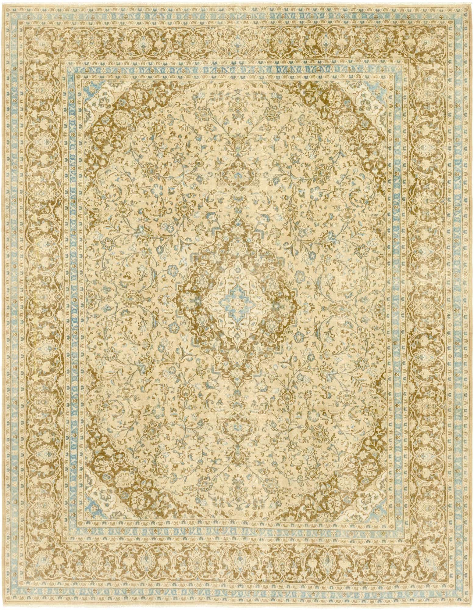 A 10x12 rectangular Ultra Vintage rug featuring a traditional Persian medallion and botanical pattern in browns, tans, and ivories.