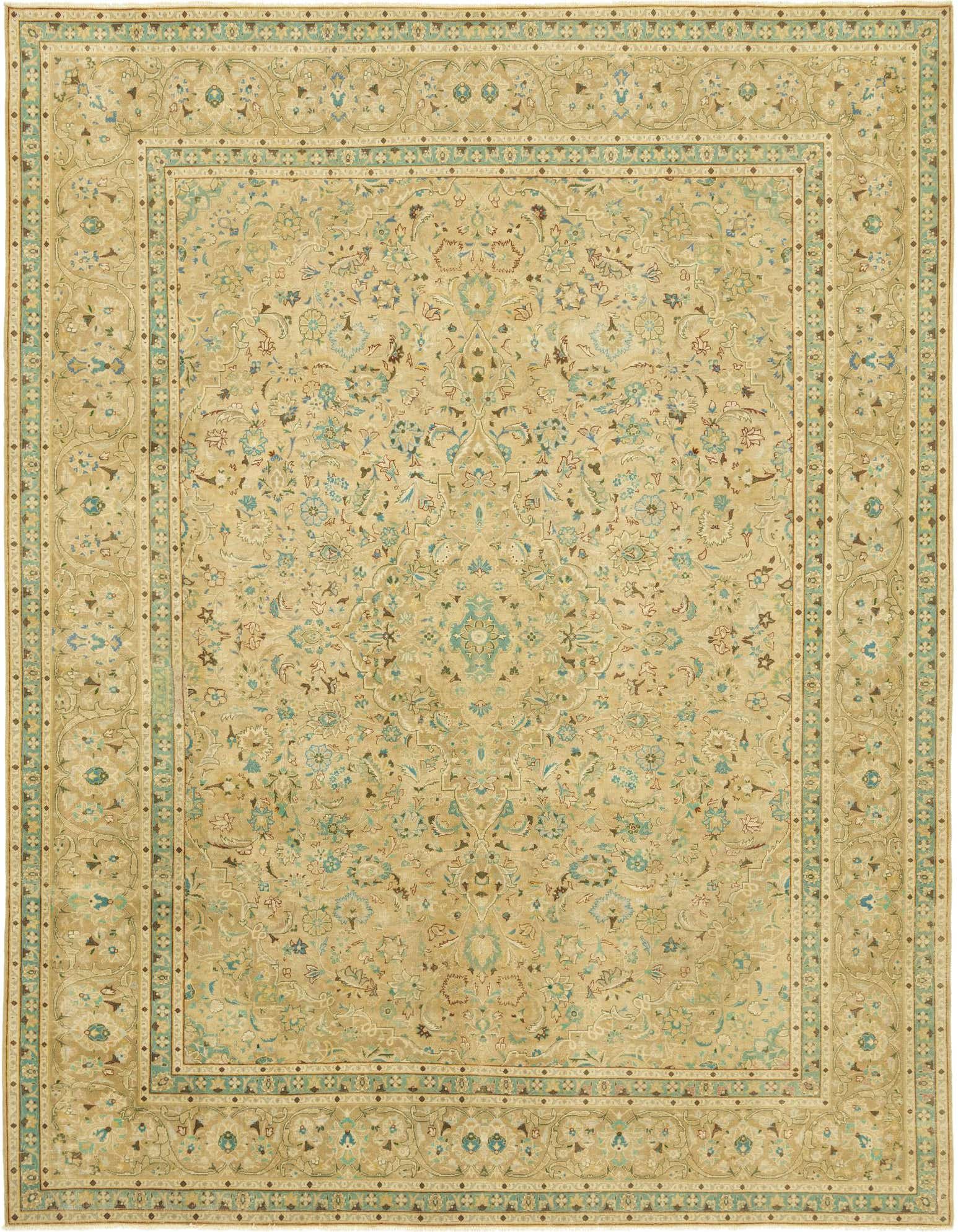 A 10x13 rectangular Persian rug in browns, tans, and creams with a traditional botanical medallion pattern, ideal for a living room.