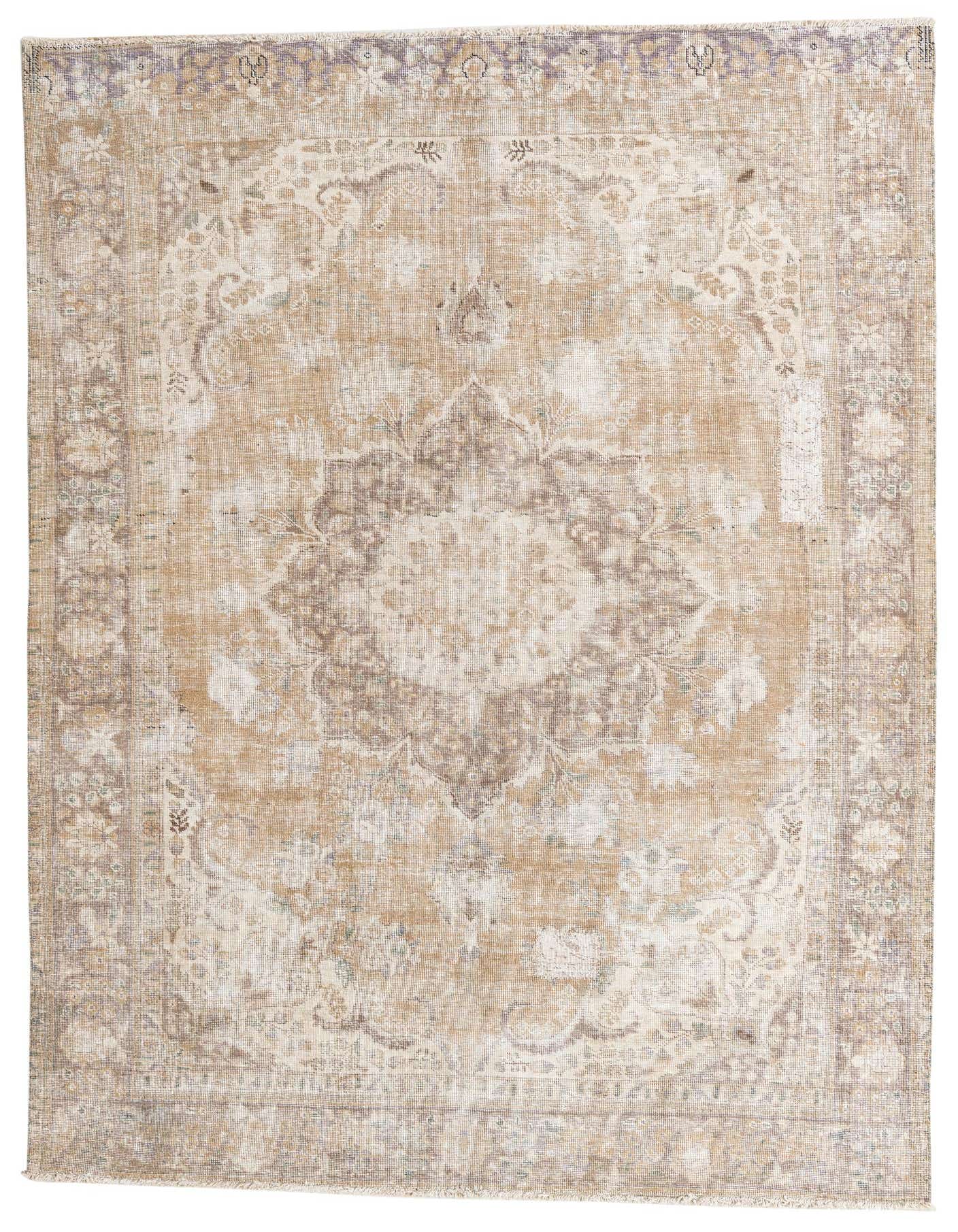 A 7x10 rectangular Ultra Vintage wool rug in browns, tans, and ivories, featuring a faded Persian medallion pattern.