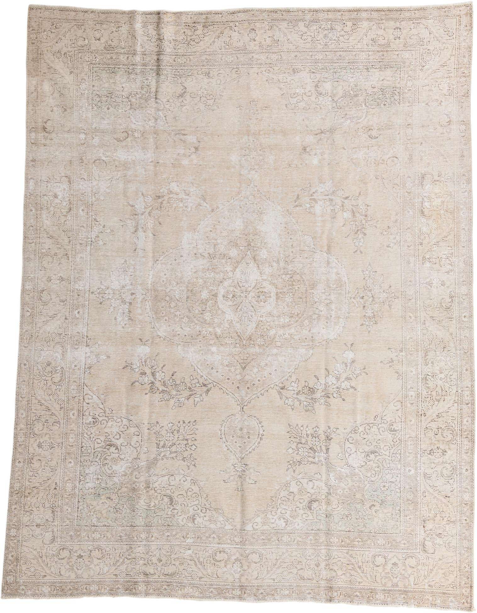 A 10x13 rectangular Ultra Vintage wool rug in shades of brown and cream, featuring a faded Persian medallion pattern.