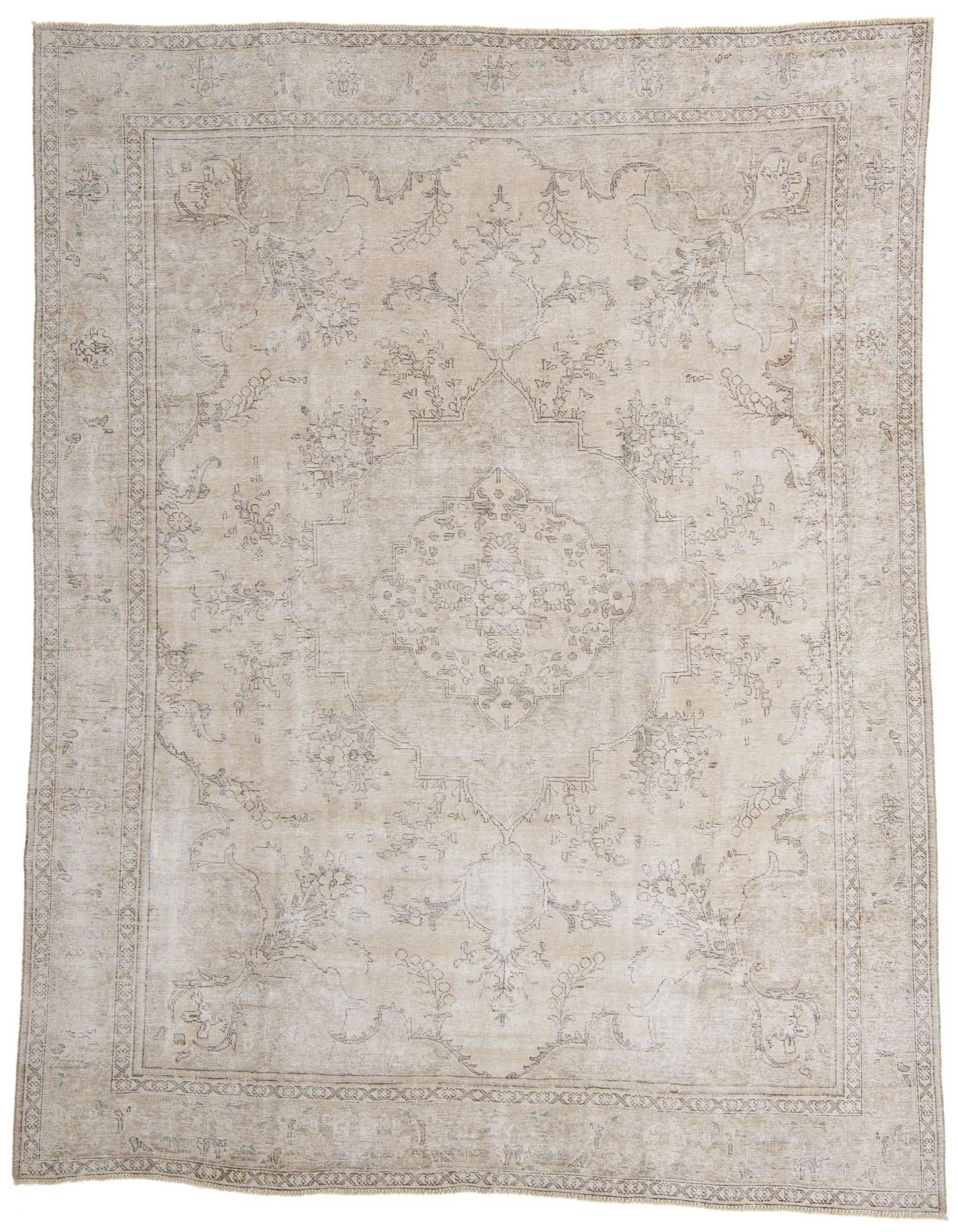 A 10x12 rectangular Ultra Vintage wool rug featuring a distressed Persian medallion pattern in muted browns, tans, and creams, suitable for an indoor living space.