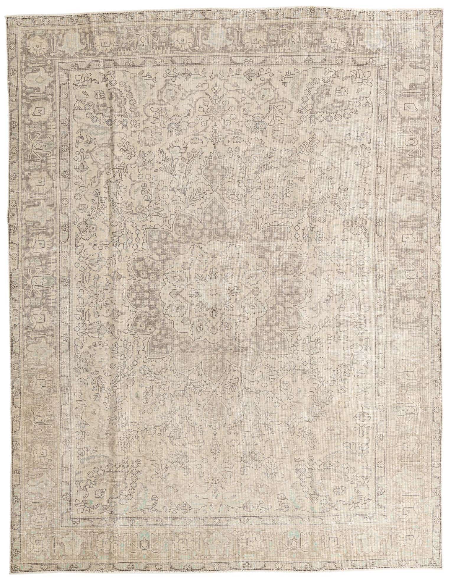An 8x10 rectangular Ultra Vintage wool rug with a faded Persian medallion pattern in browns, tans, and ivories.