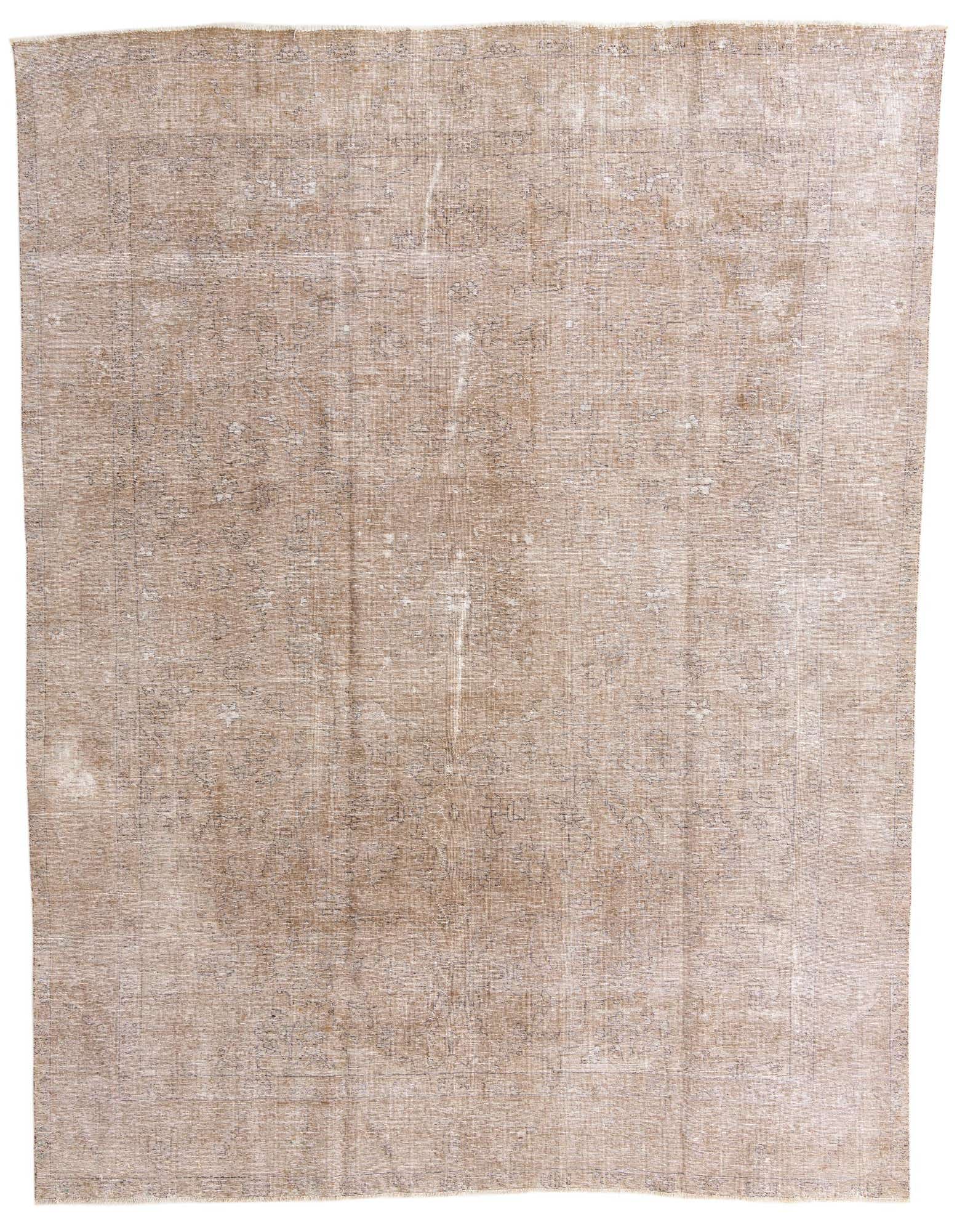 A large 10x13 rectangular brown and ivory wool rug with a faded Persian pattern, suitable for a living room.