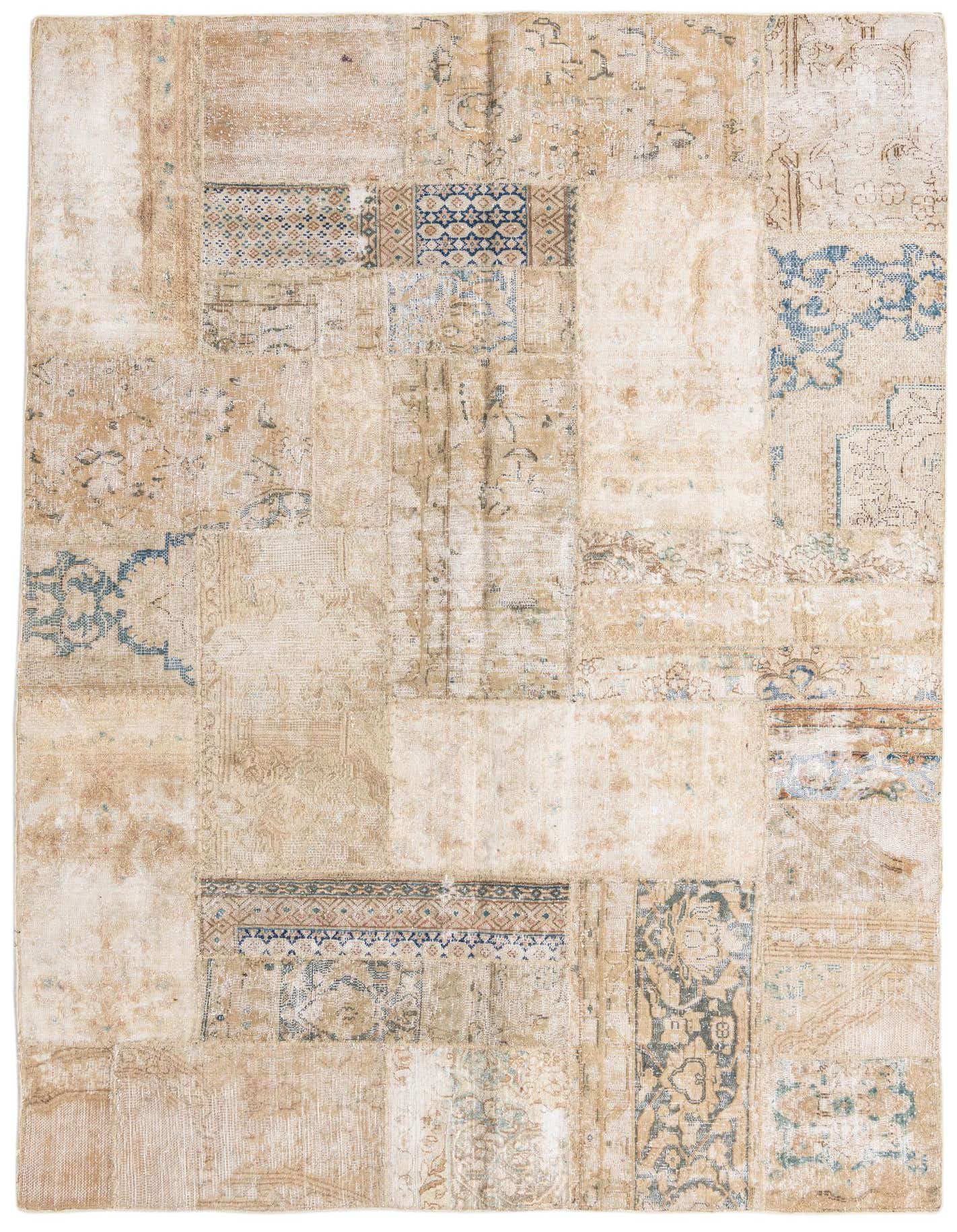 A 6x9 rectangular patchwork rug in distressed brown, tan, and ivory with subtle blue Persian patterns, ideal for a living room.