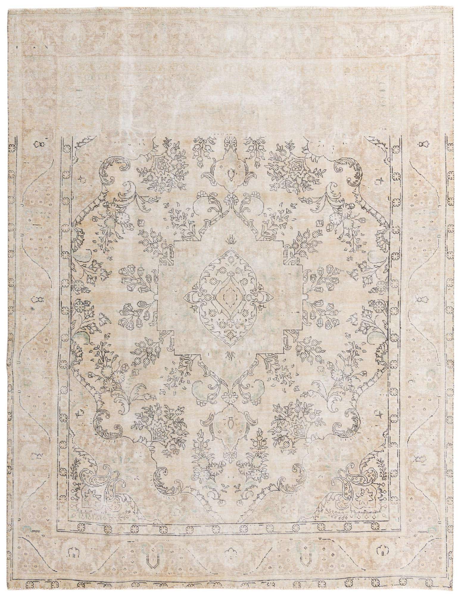 A 9x12 rectangular Ultra Vintage wool rug in browns and creams, featuring a faded Persian medallion pattern.