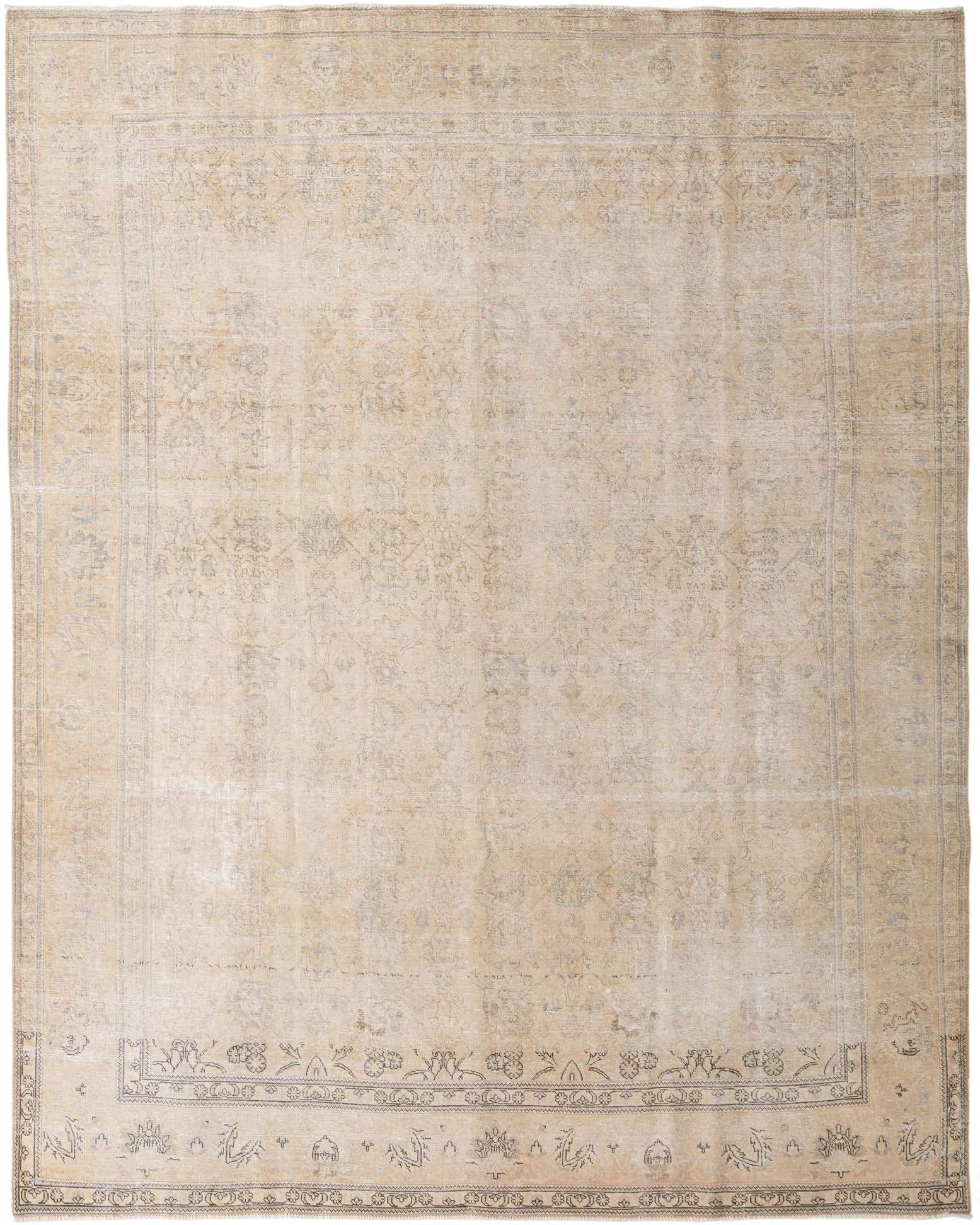 A 9x12 rectangular Ultra Vintage wool rug in muted browns and creams, featuring a faded Persian medallion pattern.