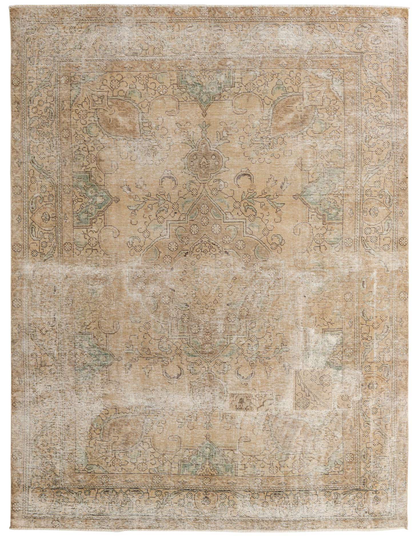 An 8x11 rectangular Ultra Vintage wool rug in browns, tans, and ivories, featuring a distressed Persian medallion pattern.