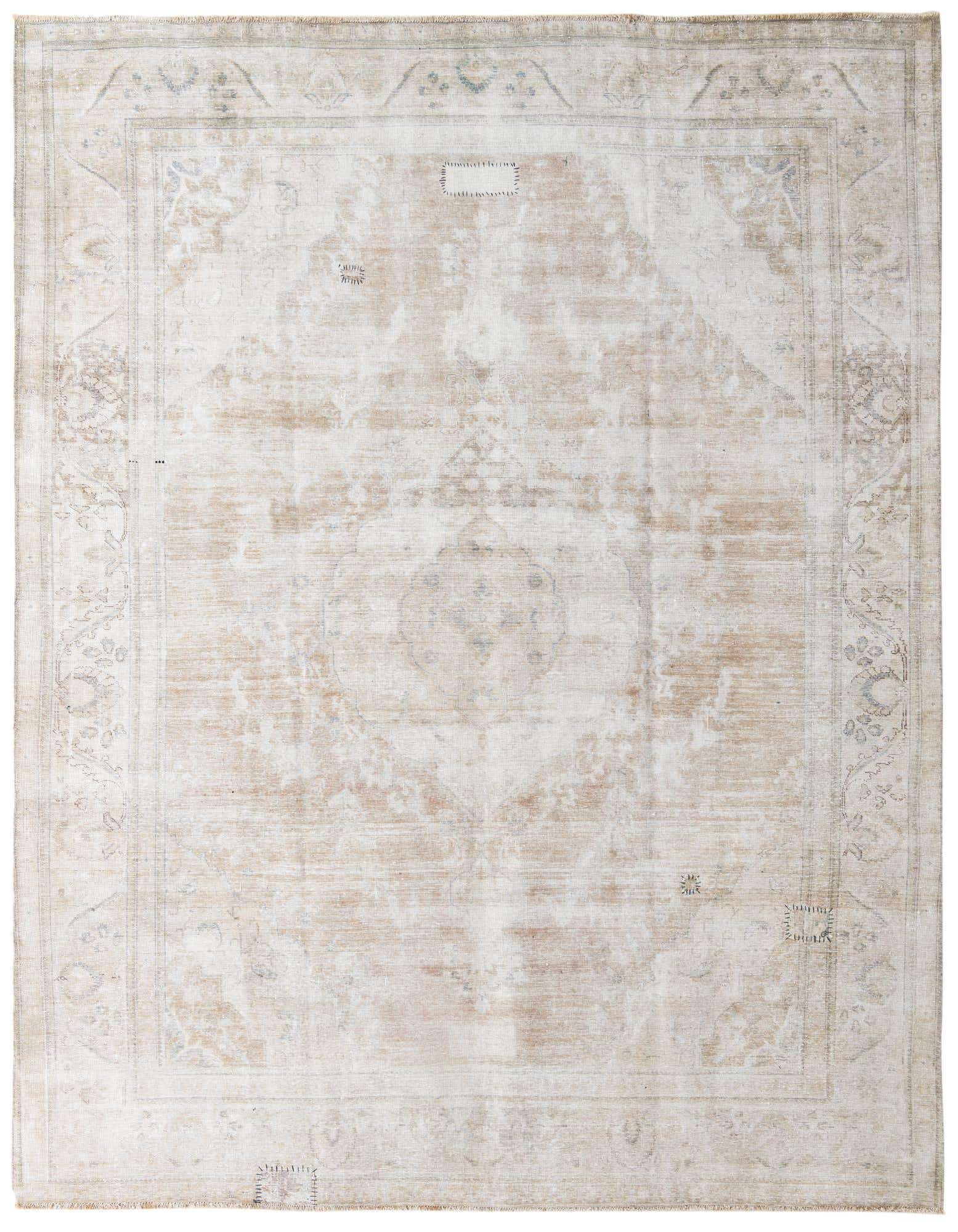 A 10x13 rectangular Persian rug in browns, tans, and ivories, featuring a faded medallion pattern and subtle border.