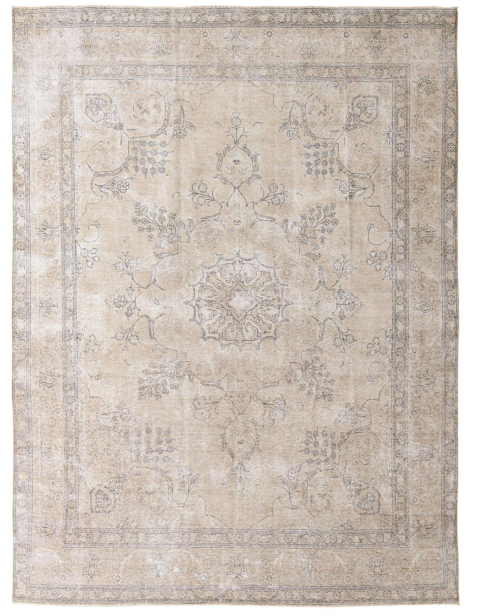 A 9x12 rectangular Ultra Vintage wool rug in shades of brown and tan, featuring a faded Persian medallion and floral pattern, ideal for a living room.