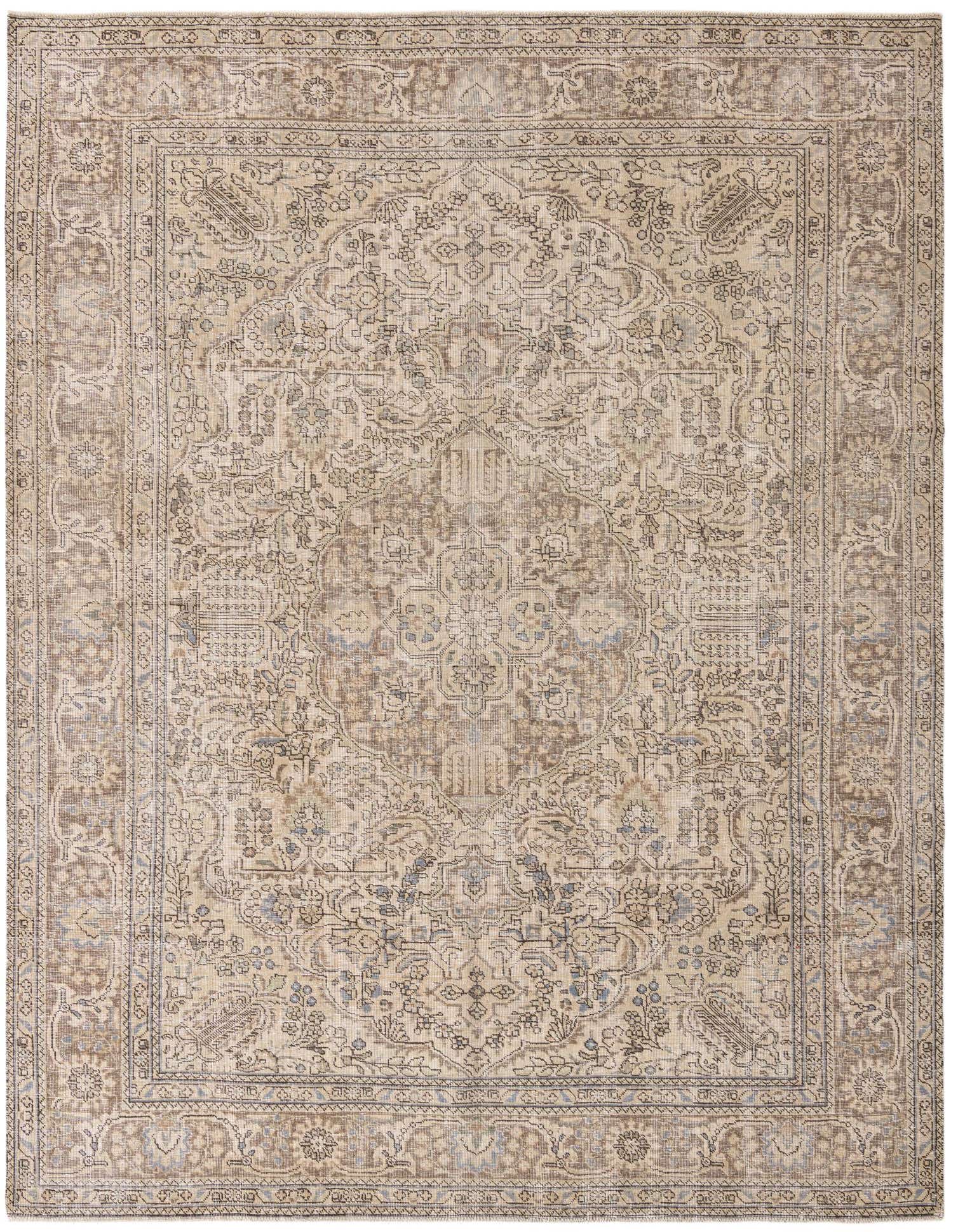 An 8x11 rectangular Ultra Vintage wool rug in shades of brown, tan, and cream, featuring an intricate Persian-inspired pattern with a distressed, modern look.