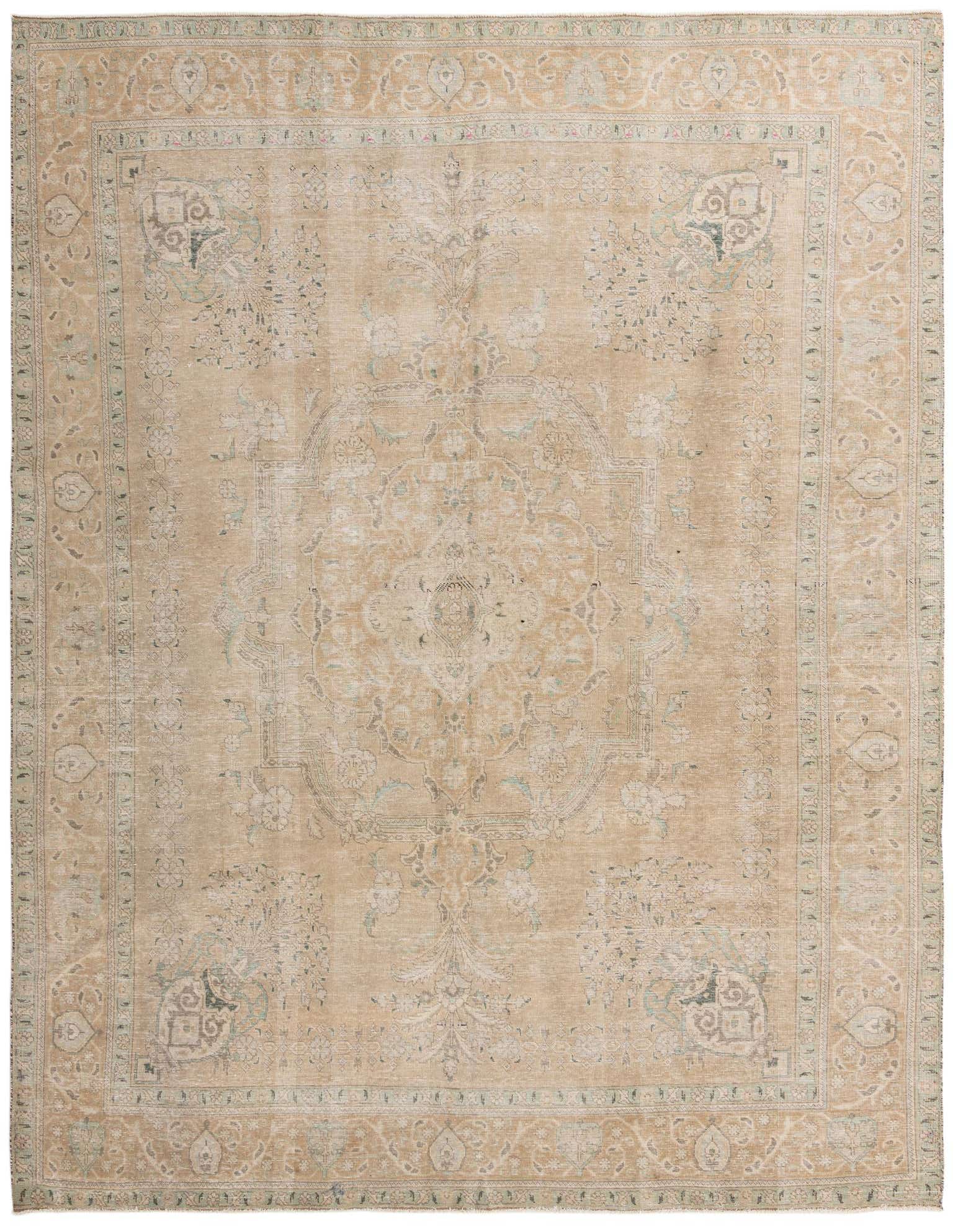 A 9x12 rectangular Ultra Vintage Persian wool rug in shades of brown, tan, and ivory with a distressed medallion pattern.