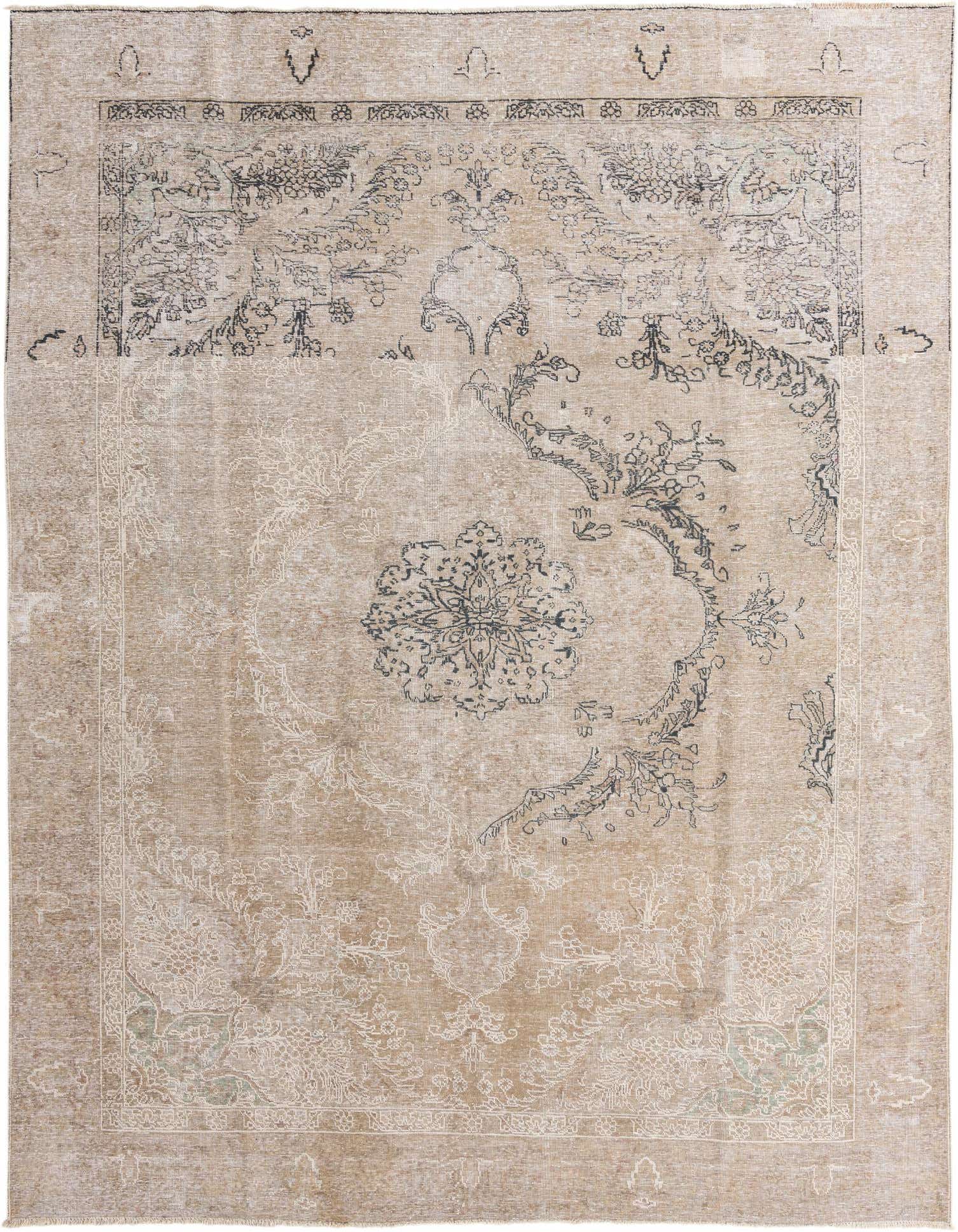 A 9x12 rectangular Ultra Vintage wool rug in browns and ivories, featuring a faded Persian floral pattern.
