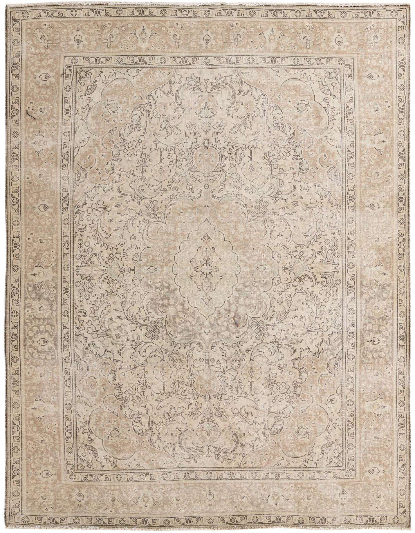 An 8x11 rectangular Ultra Vintage rug in shades of brown and ivory, featuring a distressed Persian medallion and floral pattern, suitable for a living room.