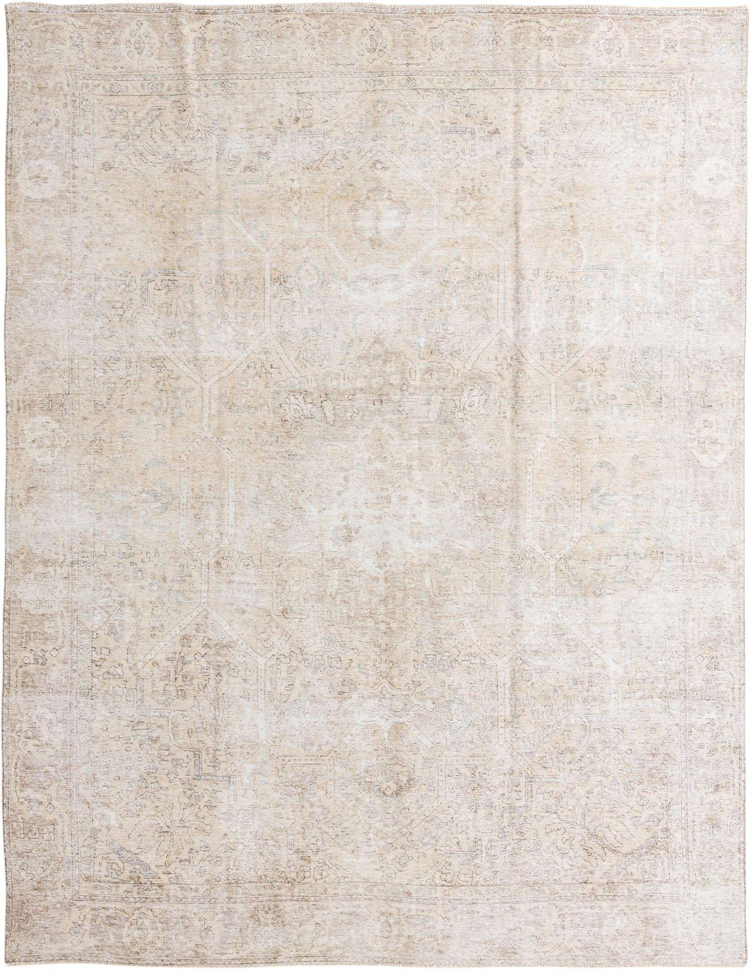 A 9x12 rectangular Ultra Vintage rug in shades of brown, tan, and cream, featuring a distressed Persian-inspired pattern, suitable for a living room.