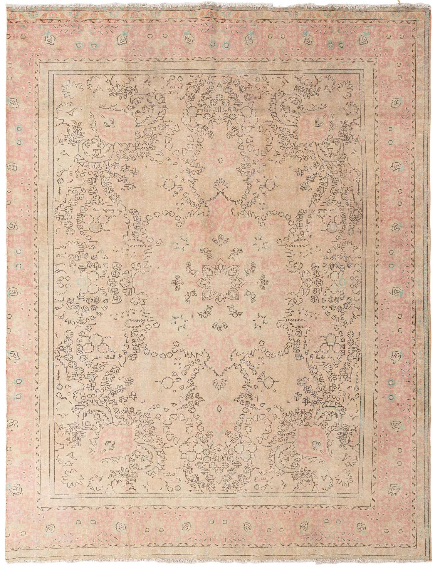 A 9x12 rectangular Ultra Vintage Persian rug with a cream field and intricate brown floral patterns, bordered by a soft pink frame.