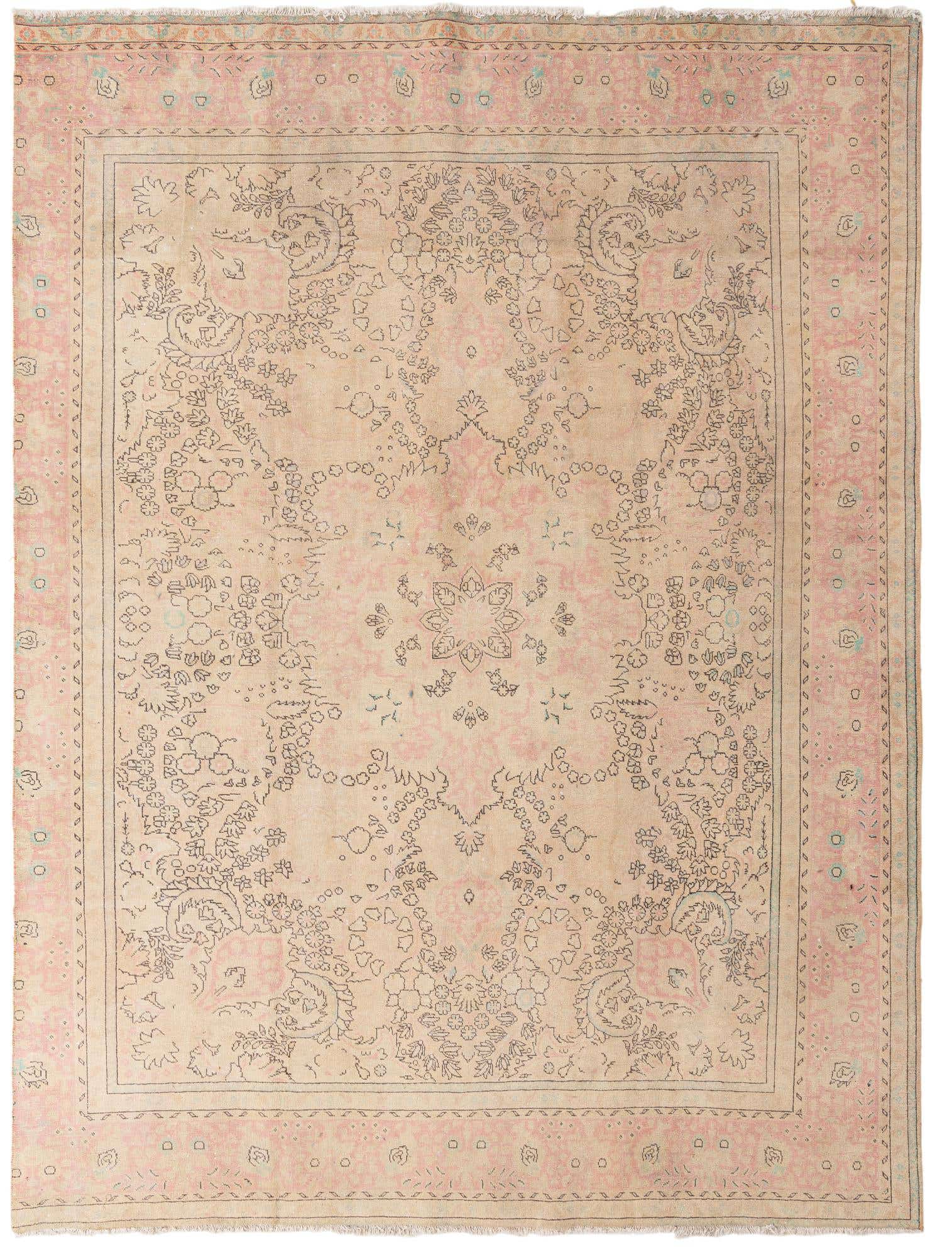 A 9x12 rectangular Ultra Vintage Persian rug with a cream field and intricate brown floral patterns, bordered by a soft pink frame.
