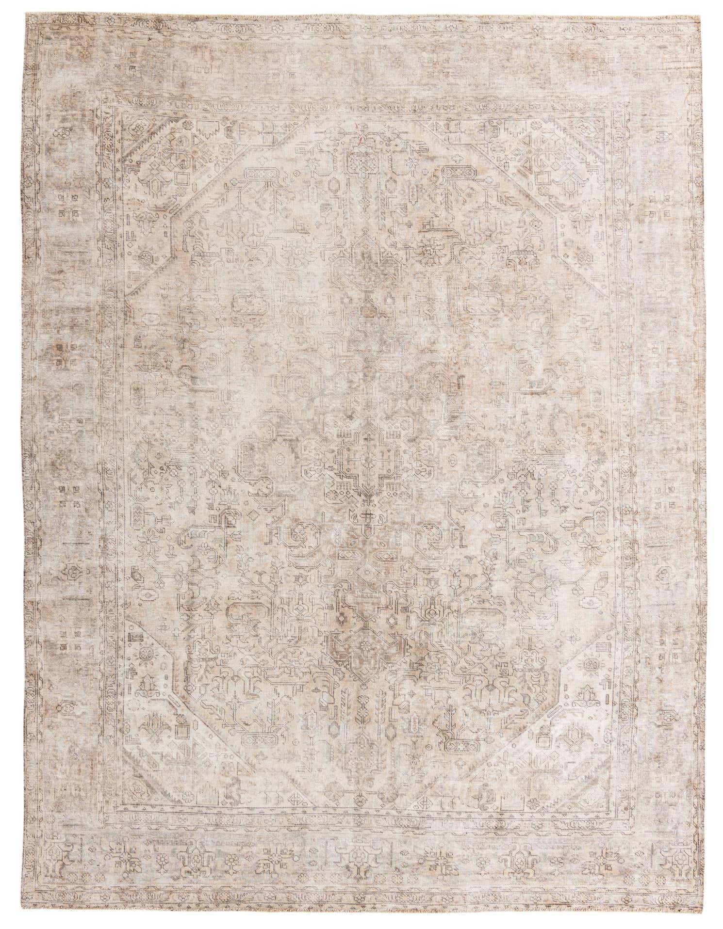A large 9x12 rectangular Ultra Vintage rug in muted browns, tans, and creams with a distressed Persian pattern, perfect for a living room.
