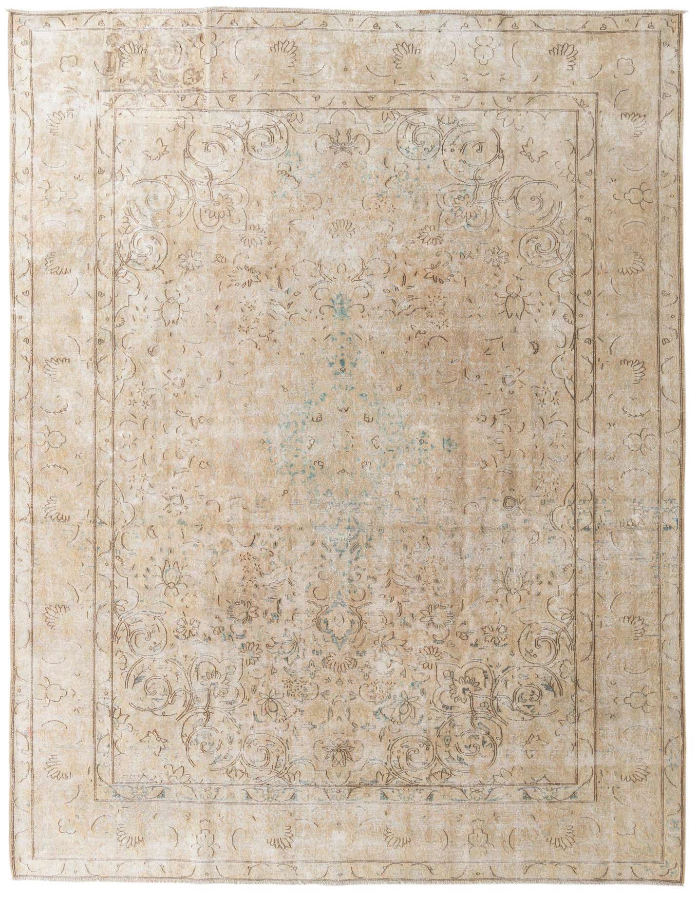 A 10x13 rectangular Ultra Vintage rug featuring a faded Persian medallion pattern in browns, tans, and creams with hints of teal.