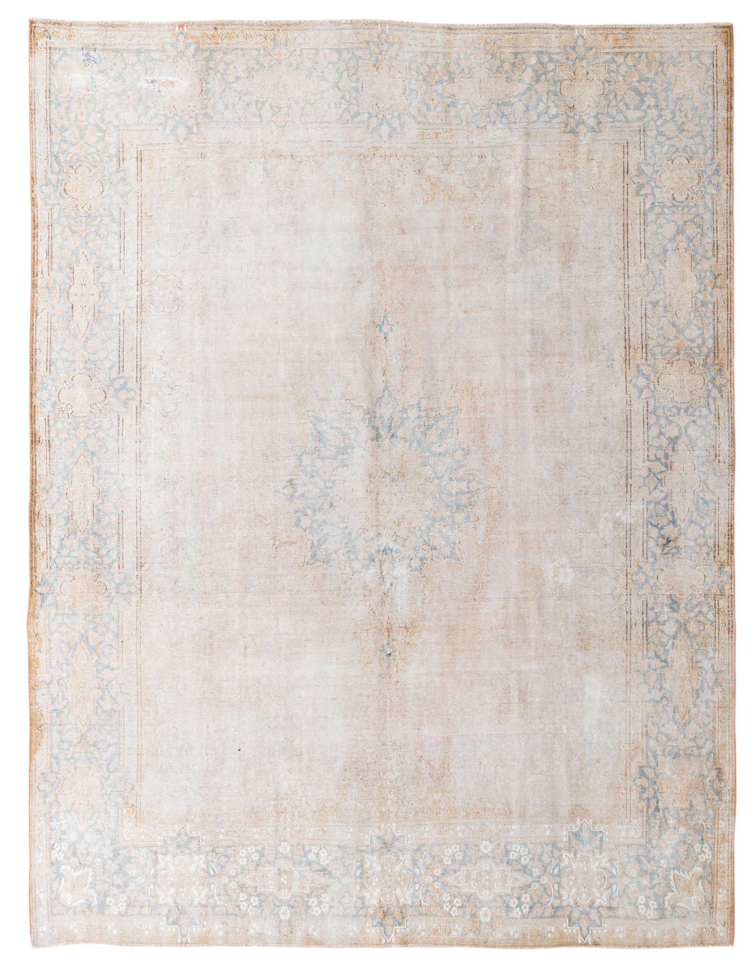 A large 10x13 rectangular Ultra Vintage rug with a faded brown and cream Persian medallion pattern, ideal for a living room.