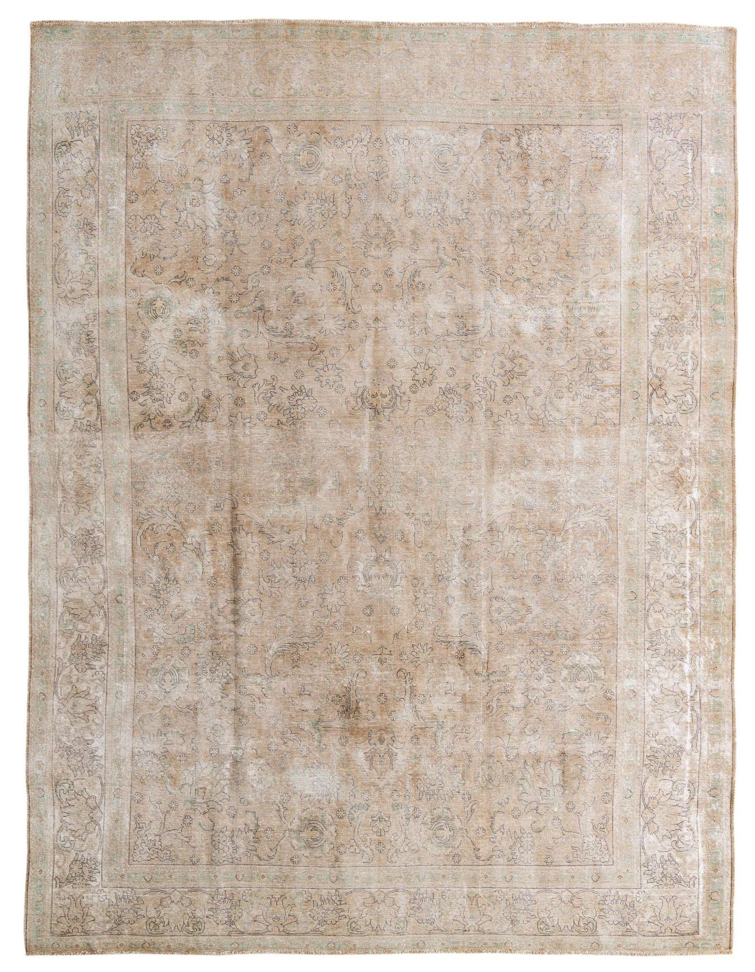 A large 10x13 rectangular Ultra Vintage Persian rug in faded browns, tans, and ivories, featuring an intricate floral and medallion pattern.