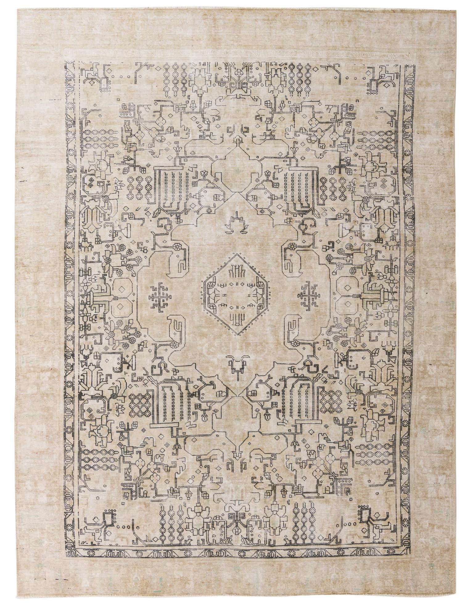 A 9x12 rectangular Ultra Vintage rug in brown and ivory with a complex Persian-modern pattern, suitable for a living room.