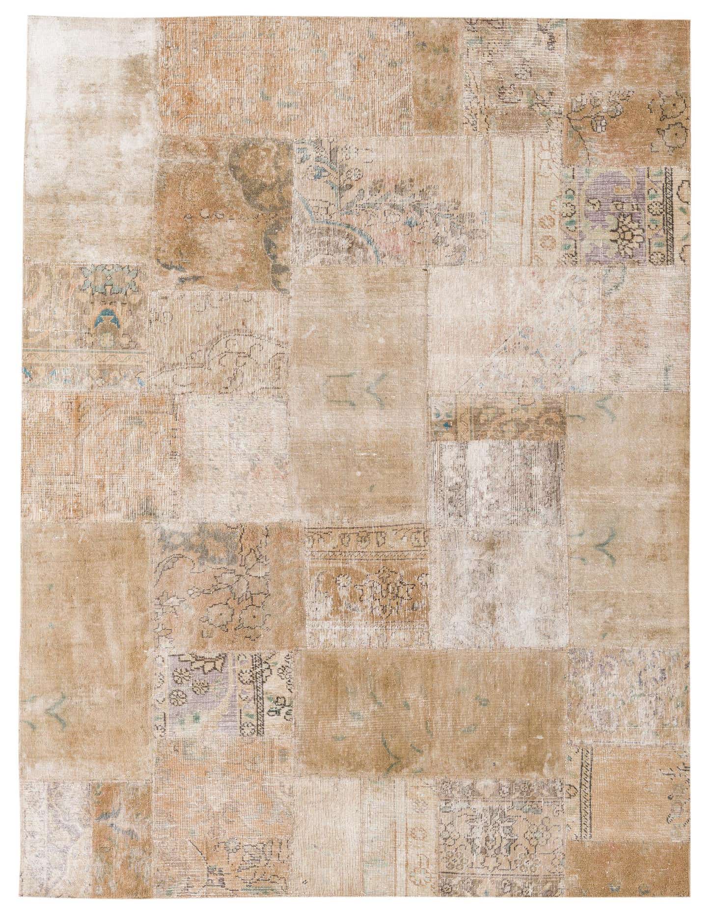 A 5x8 rectangular Ultra Vintage rug featuring a distressed patchwork design in various shades of brown, tan, and cream with subtle Persian patterns.