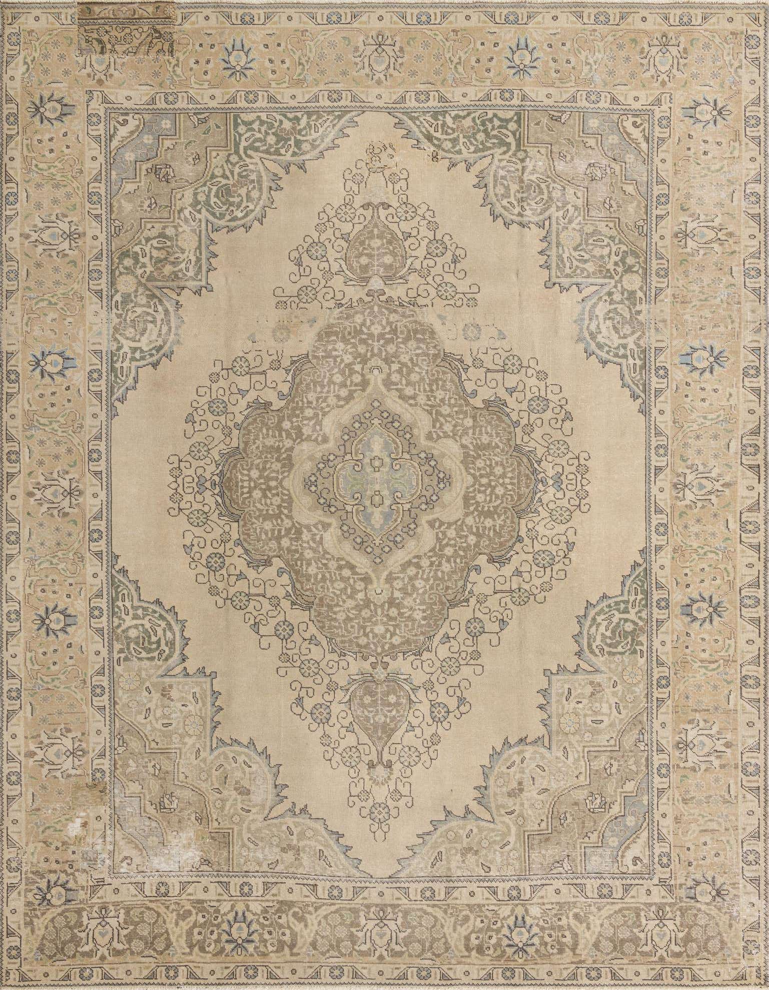 A 10x12 rectangular indoor rug with a vintage Persian medallion pattern in shades of brown, tan, and cream.