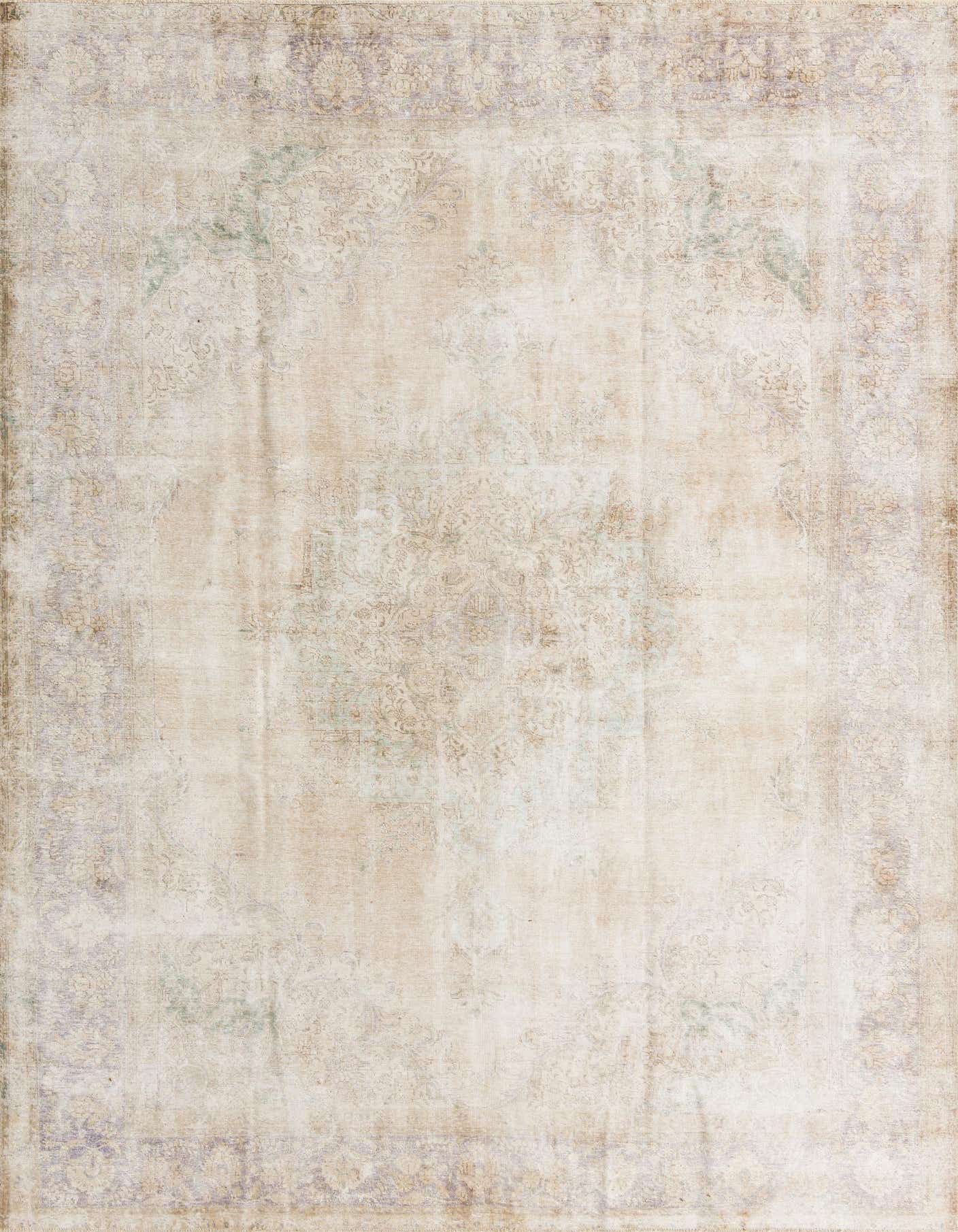 A 10x13 rectangular indoor rug with a faded Persian medallion pattern in browns, tans, and creams, featuring a flat pile.