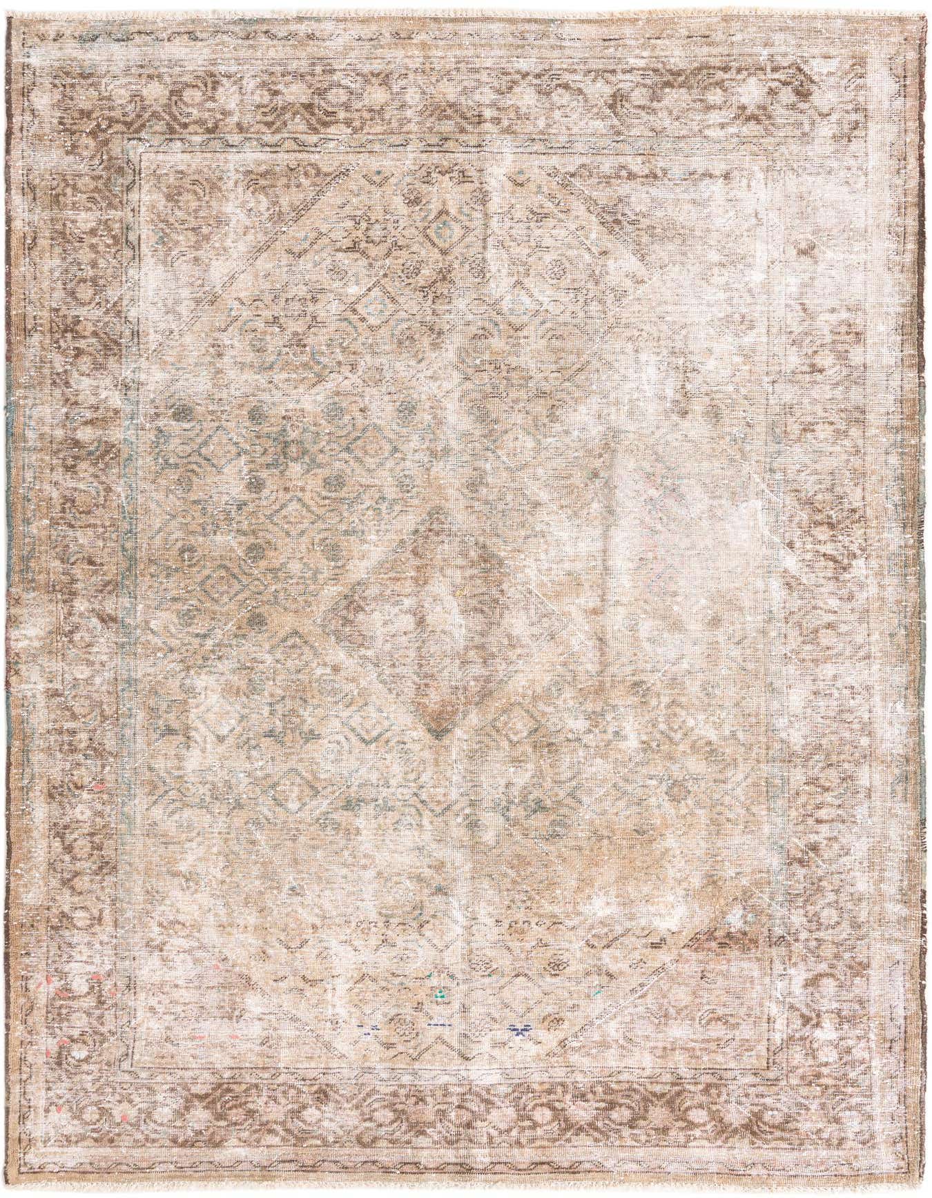 A 7x10 rectangular Ultra Vintage rug in distressed browns, tans, and ivories with a faded Persian pattern, suitable for a living room.
