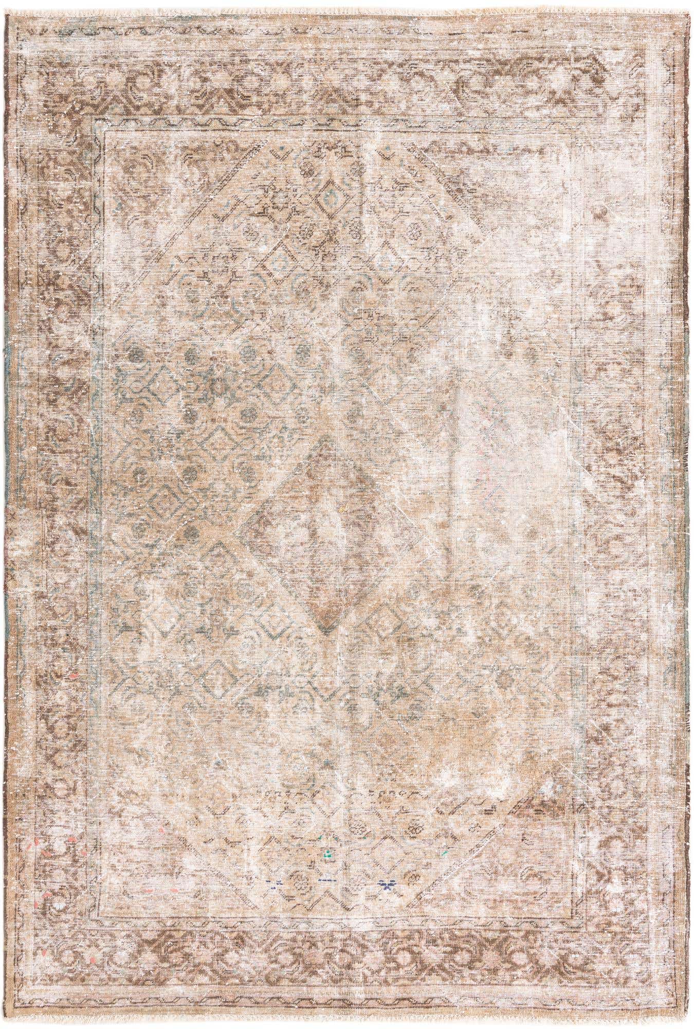 A 7x10 rectangular Ultra Vintage rug in distressed browns, tans, and ivories with a faded Persian pattern, suitable for a living room.