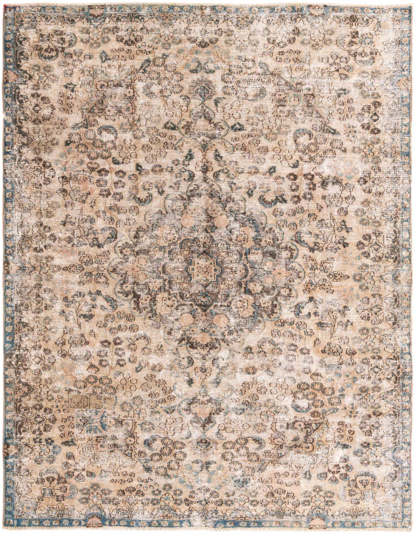 A 7x10 rectangular Ultra Vintage wool rug in browns, tans, and creams, featuring a faded Persian medallion pattern.